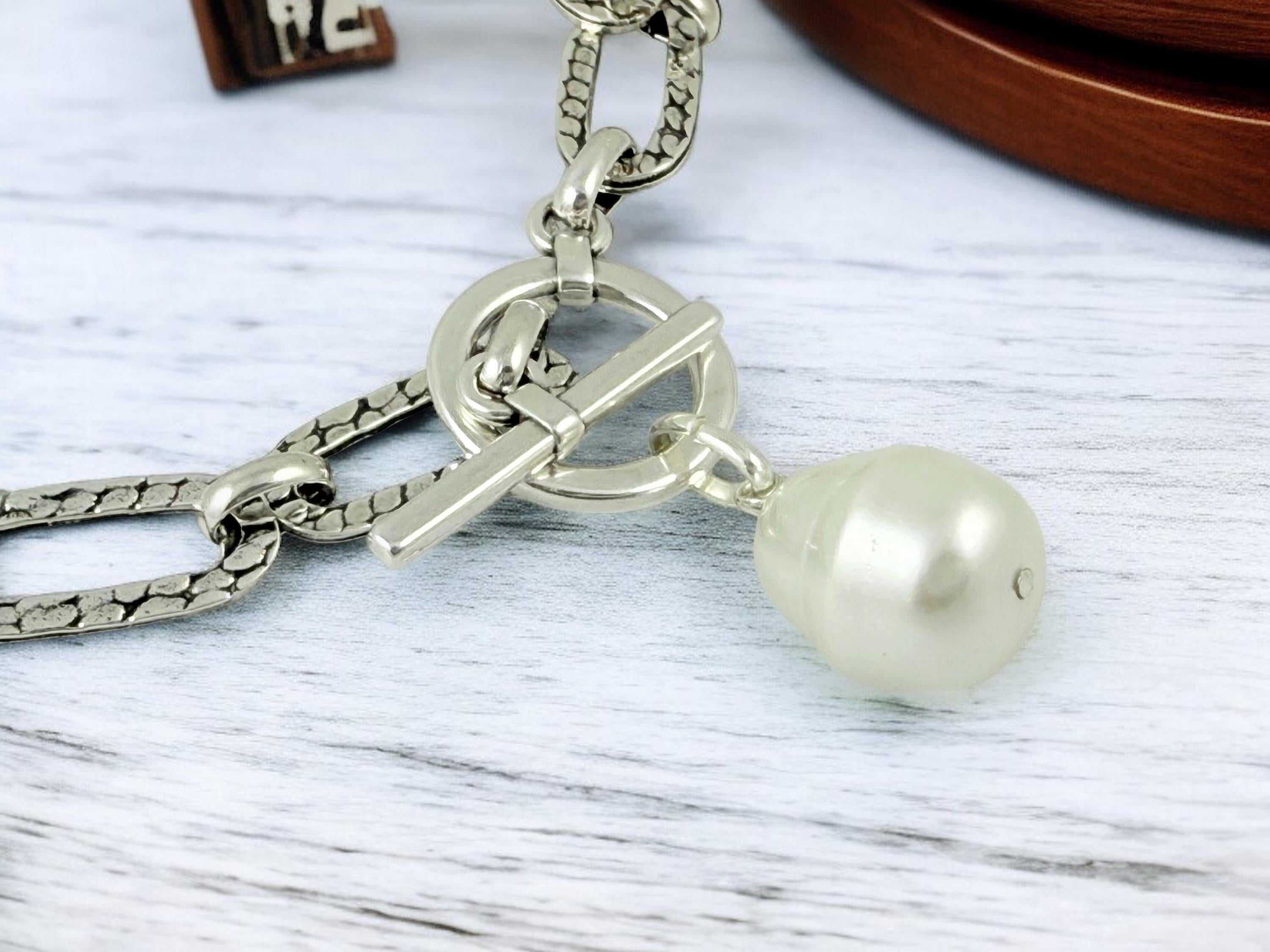 Chunky Antique Silver Chain Necklace – Baroque freshwater Pearl Pendant – Toggle Clasp – Kukuri Jewelry Exclusive