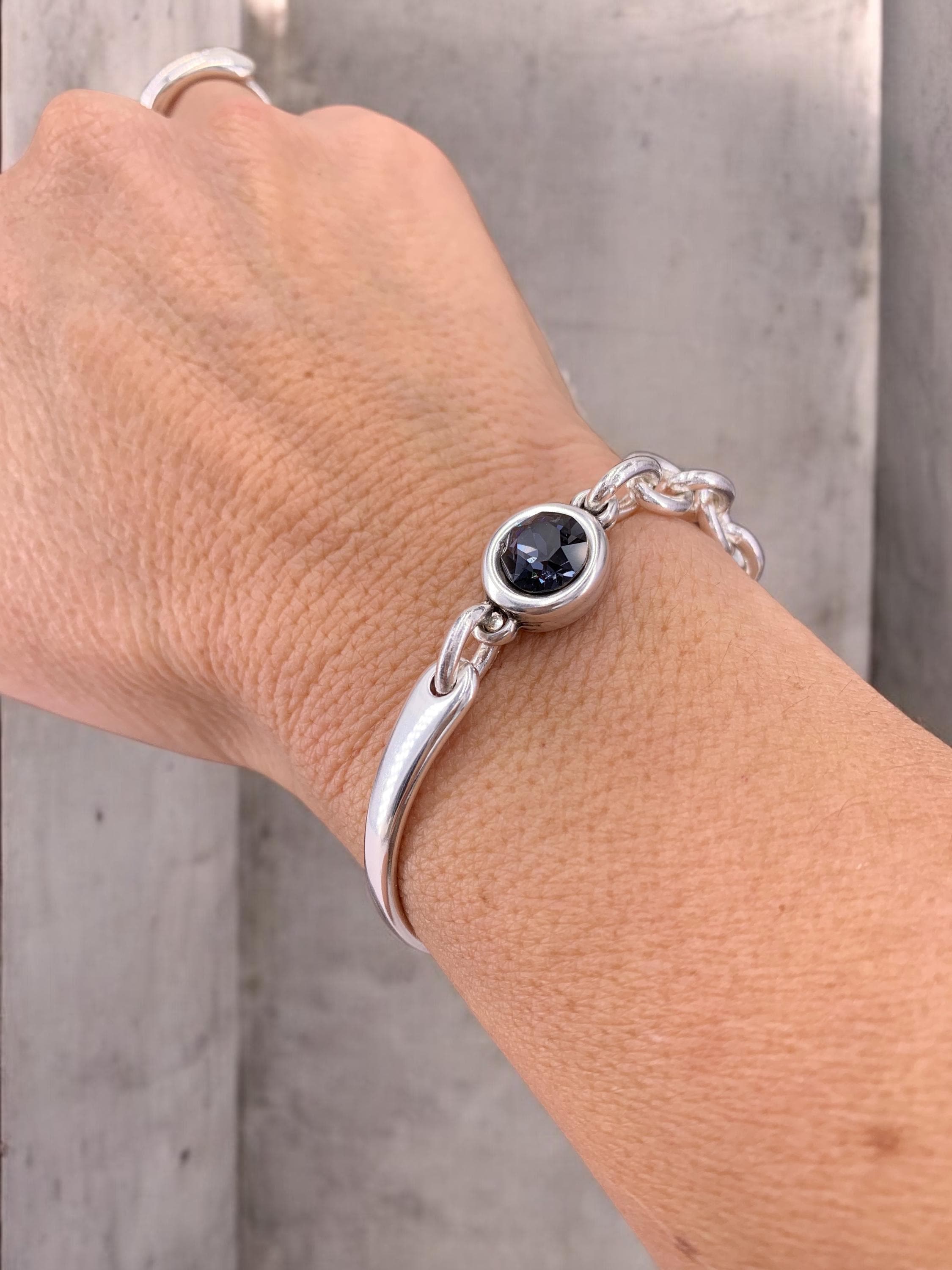 Chunky Silver Half Cuff Bracelet – Swarovski Crystal Connector – Adjustable Boho Elegance – Kukuri Jewelry