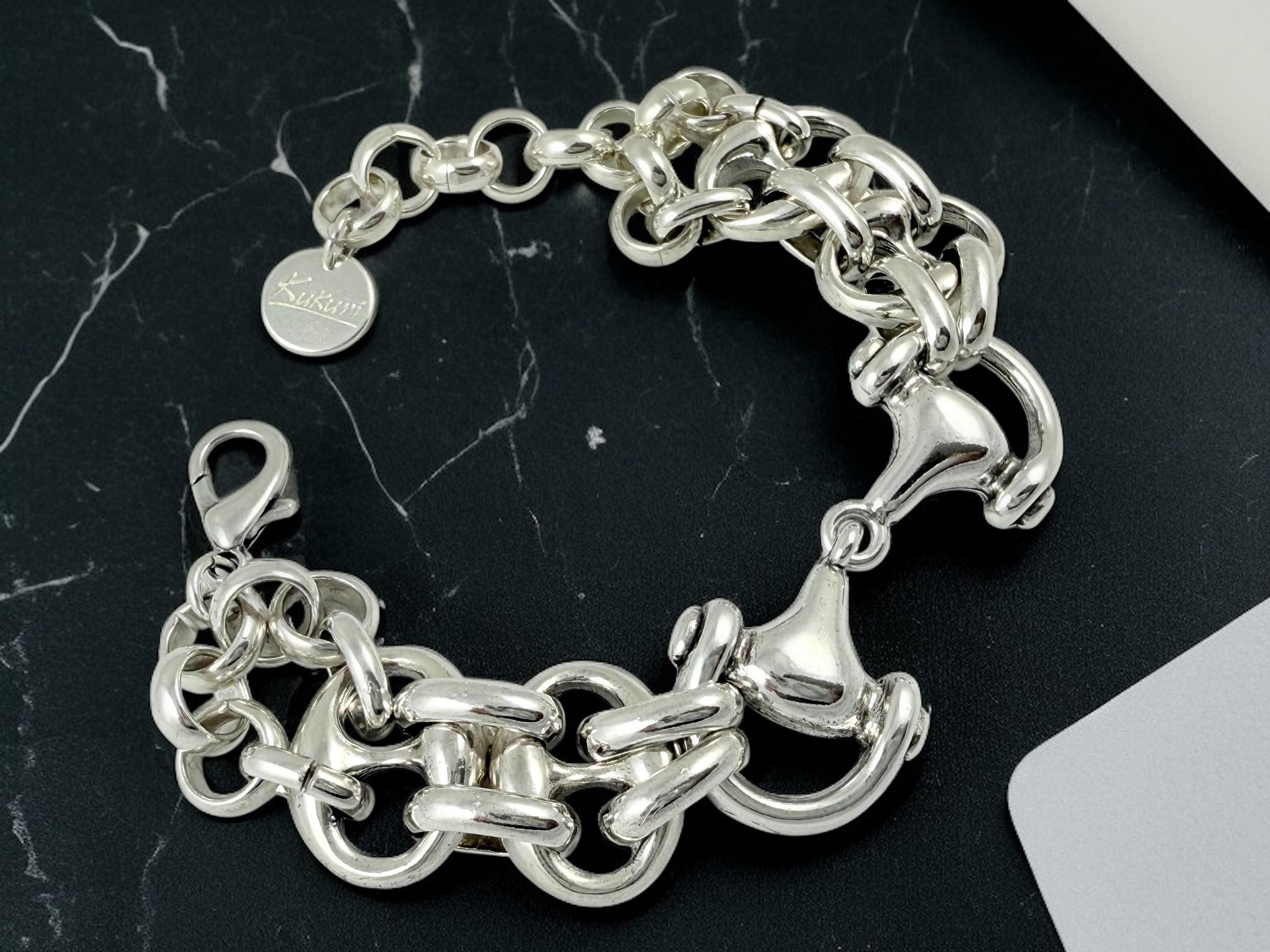 Chunky Silver Bracelet – Horse Bit Centerpiece – Nautical Links – Adjustable Statement Boho Jewelry – Kukuri Jewelry