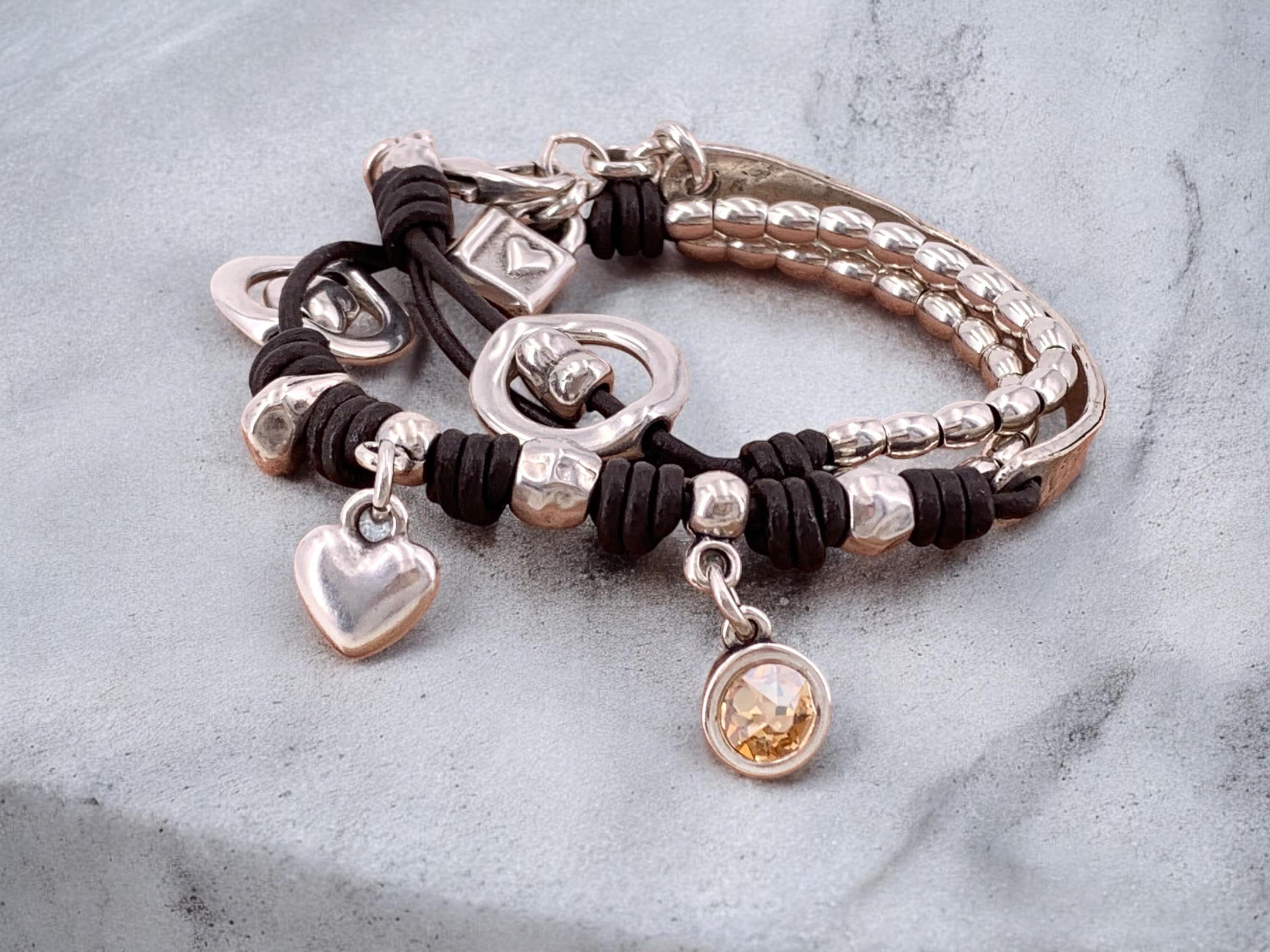 Boho Double-Wrap Leather Bracelet – Silver-Plated Zamak with Heart Charm & Swarovski Crystal – Handmade Hippie Jewelry