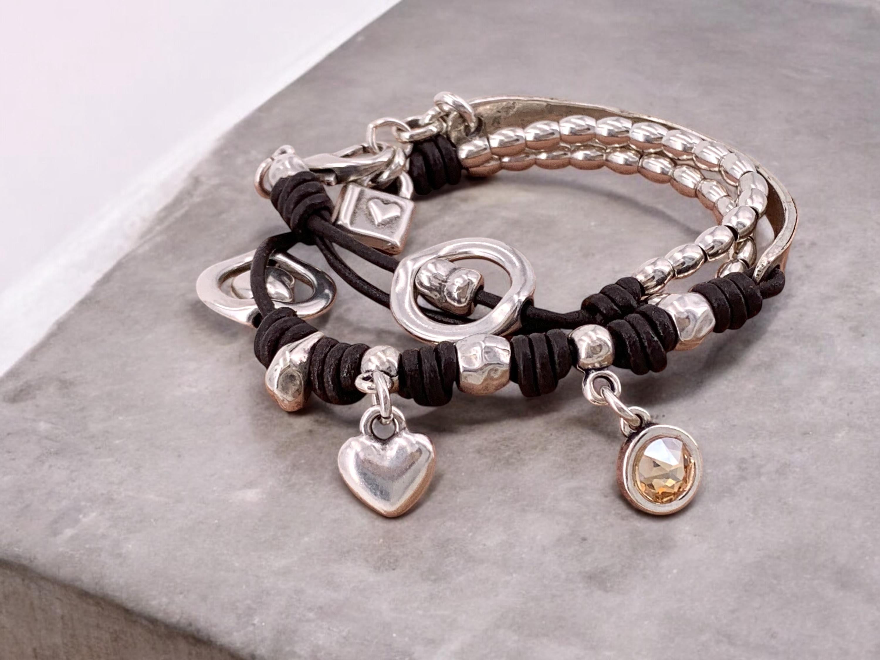 Boho Double-Wrap Leather Bracelet – Silver-Plated Zamak with Heart Charm & Swarovski Crystal – Handmade Hippie Jewelry