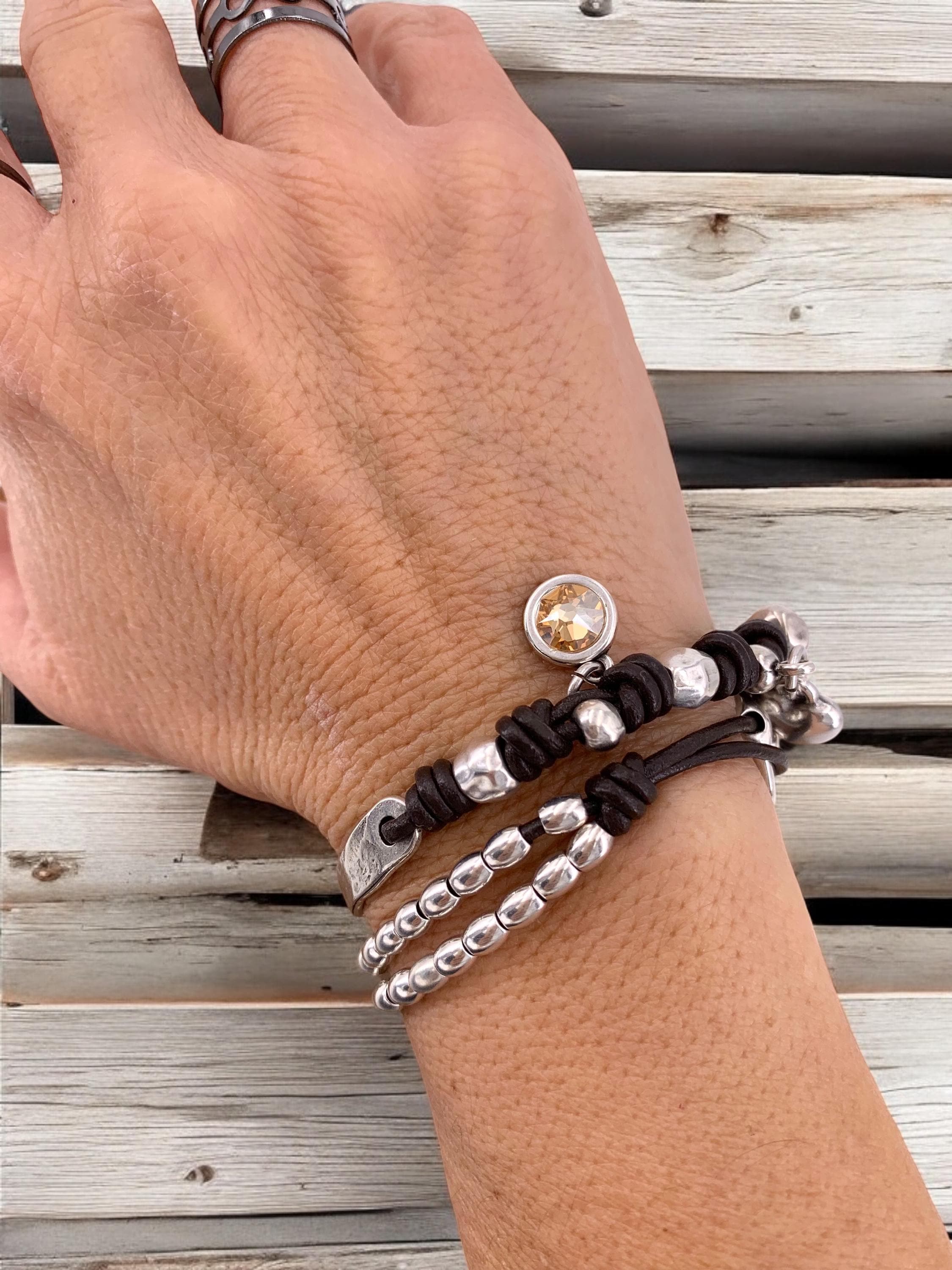 Boho Double-Wrap Leather Bracelet – Silver-Plated Zamak with Heart Charm & Swarovski Crystal – Handmade Hippie Jewelry