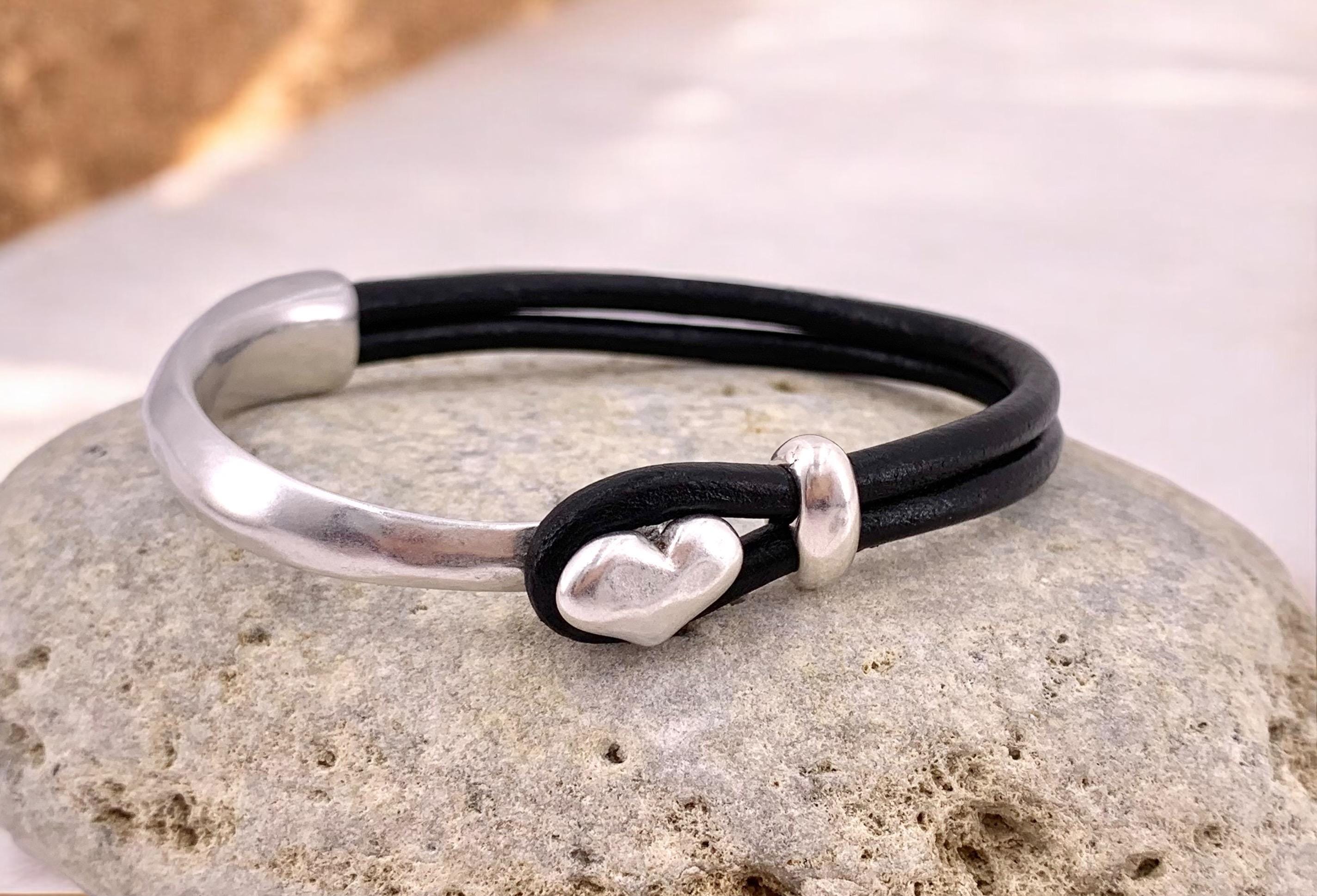 silver half cuff leather bracelet, heart bracelet, bohemian bracelet, hippie bracelet, rigid cuff bracelet, uno de 50 style, women gift,
