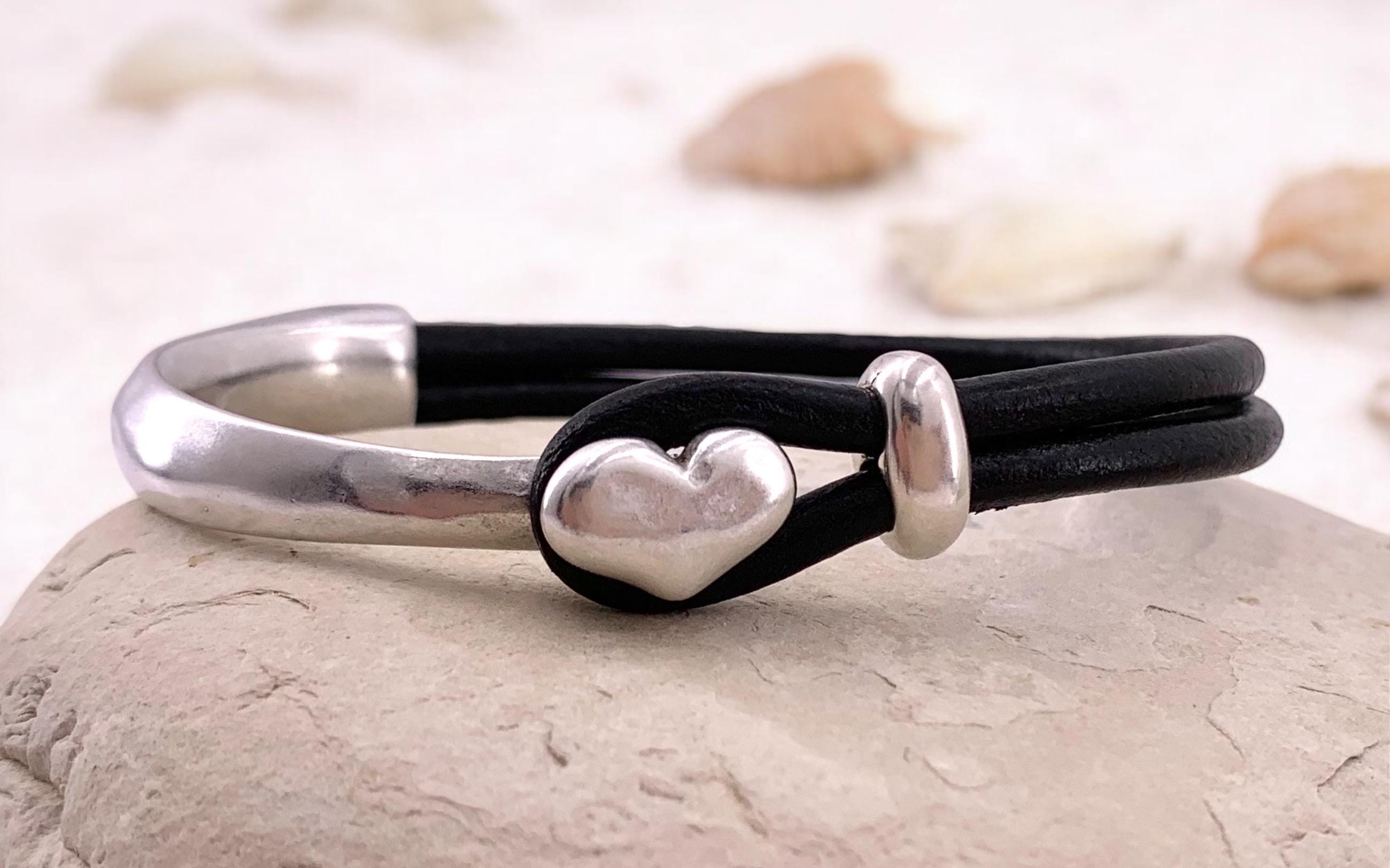 silver half cuff leather bracelet, heart bracelet, bohemian bracelet, hippie bracelet, rigid cuff bracelet, uno de 50 style, women gift,
