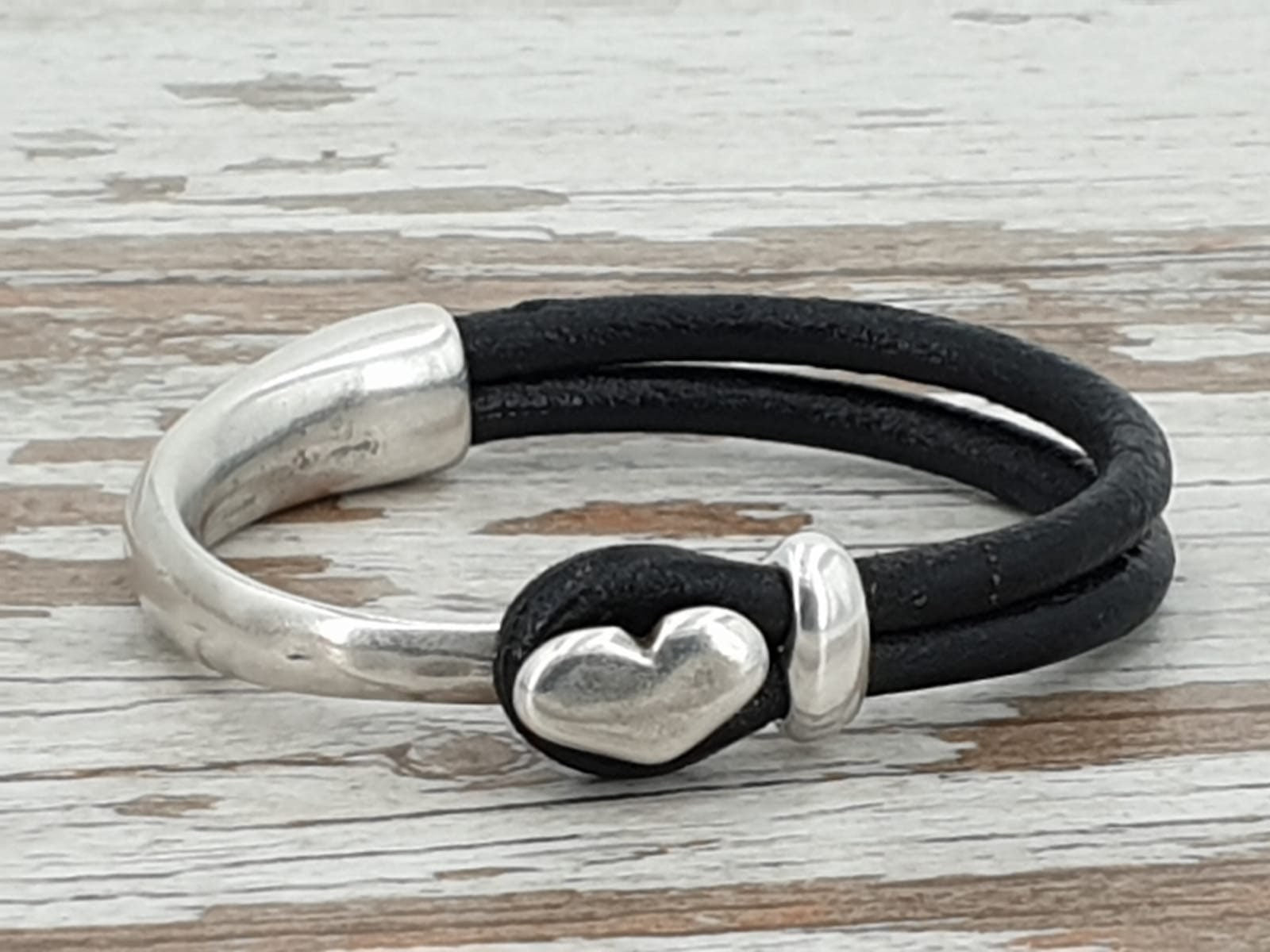 silver half cuff leather bracelet, heart bracelet, bohemian bracelet, hippie bracelet, rigid cuff bracelet, uno de 50 style, women gift,