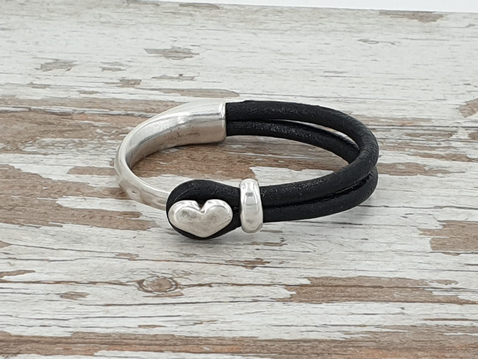silver half cuff leather bracelet, heart bracelet, bohemian bracelet, hippie bracelet, rigid cuff bracelet, uno de 50 style, women gift,