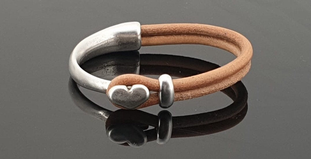silver half cuff leather bracelet, heart bracelet, bohemian bracelet, hippie bracelet, rigid cuff bracelet, uno de 50 style, women gift,