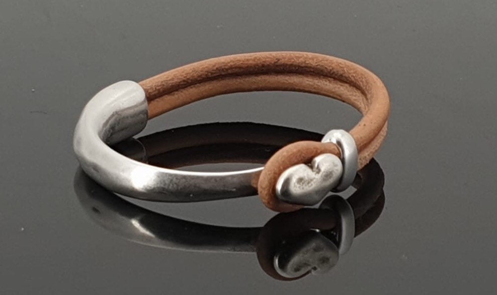 silver half cuff leather bracelet, heart bracelet, bohemian bracelet, hippie bracelet, rigid cuff bracelet, uno de 50 style, women gift,
