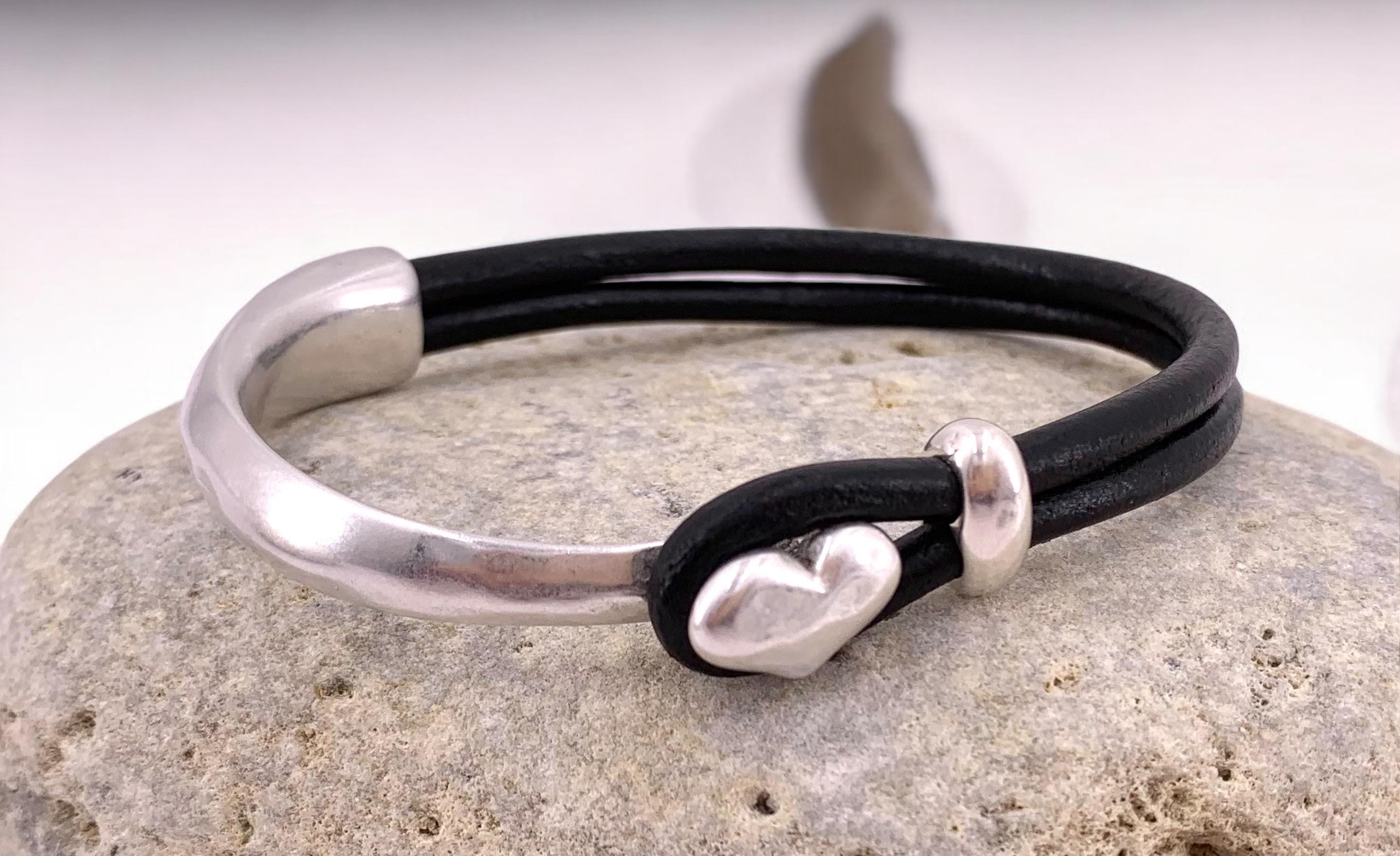 silver half cuff leather bracelet, heart bracelet, bohemian bracelet, hippie bracelet, rigid cuff bracelet, uno de 50 style, women gift,