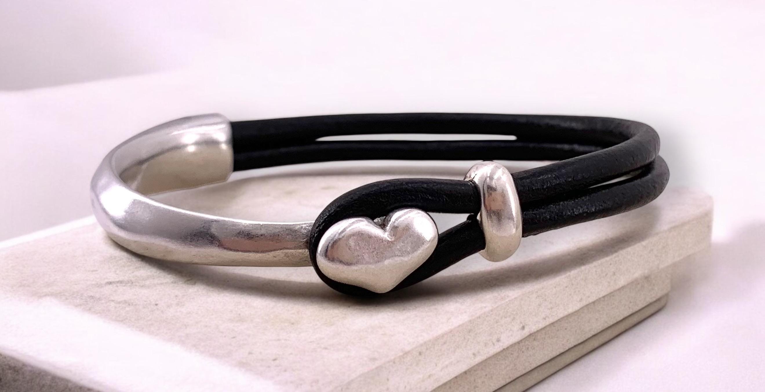 silver half cuff leather bracelet, heart bracelet, bohemian bracelet, hippie bracelet, rigid cuff bracelet, uno de 50 style, women gift,