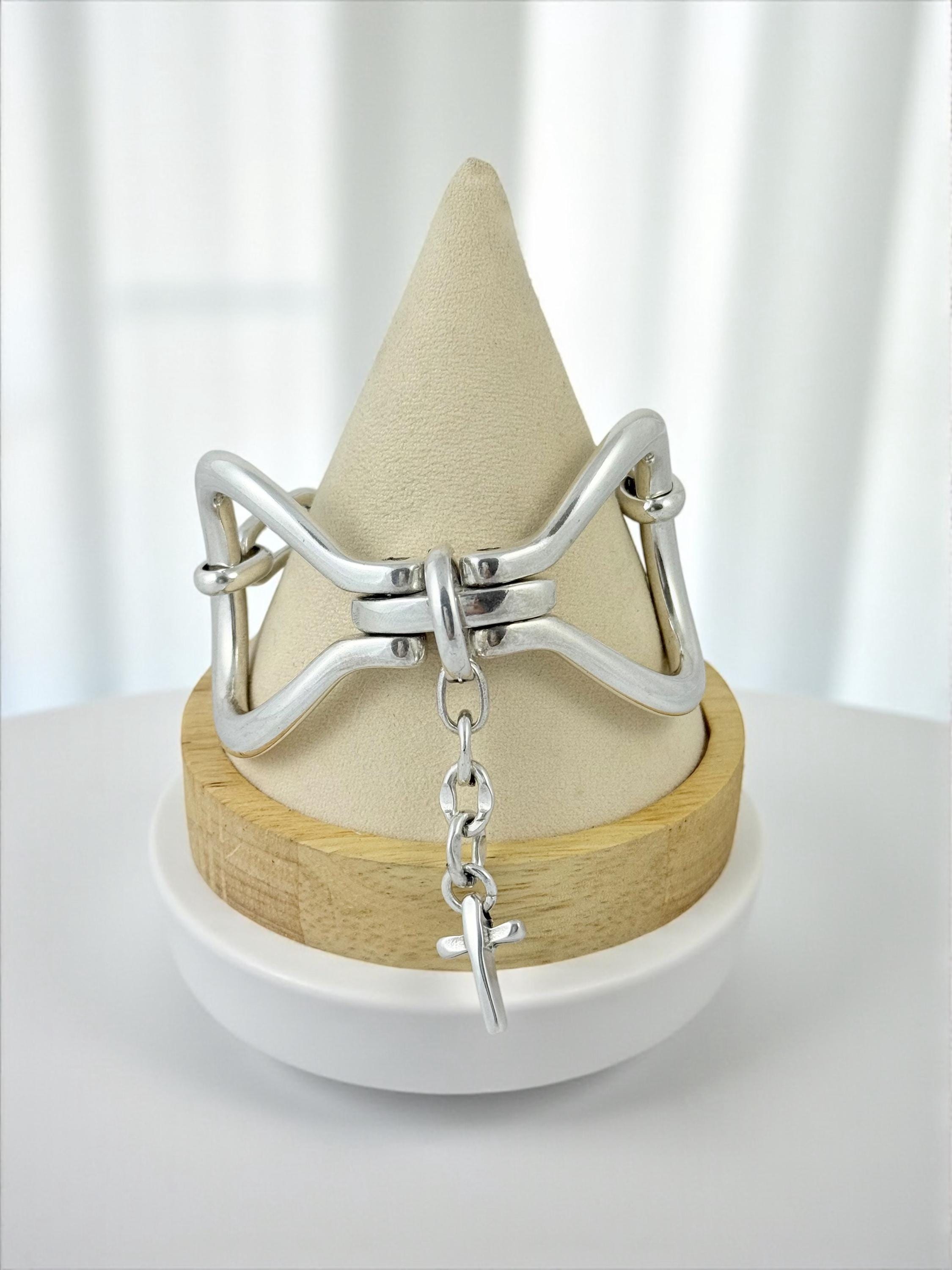 Sculptural Stirrup-Shaped chunky Silver Bracelet – Layered Chains with Cross Charm – Bold Handmade Kukuri Jewelry