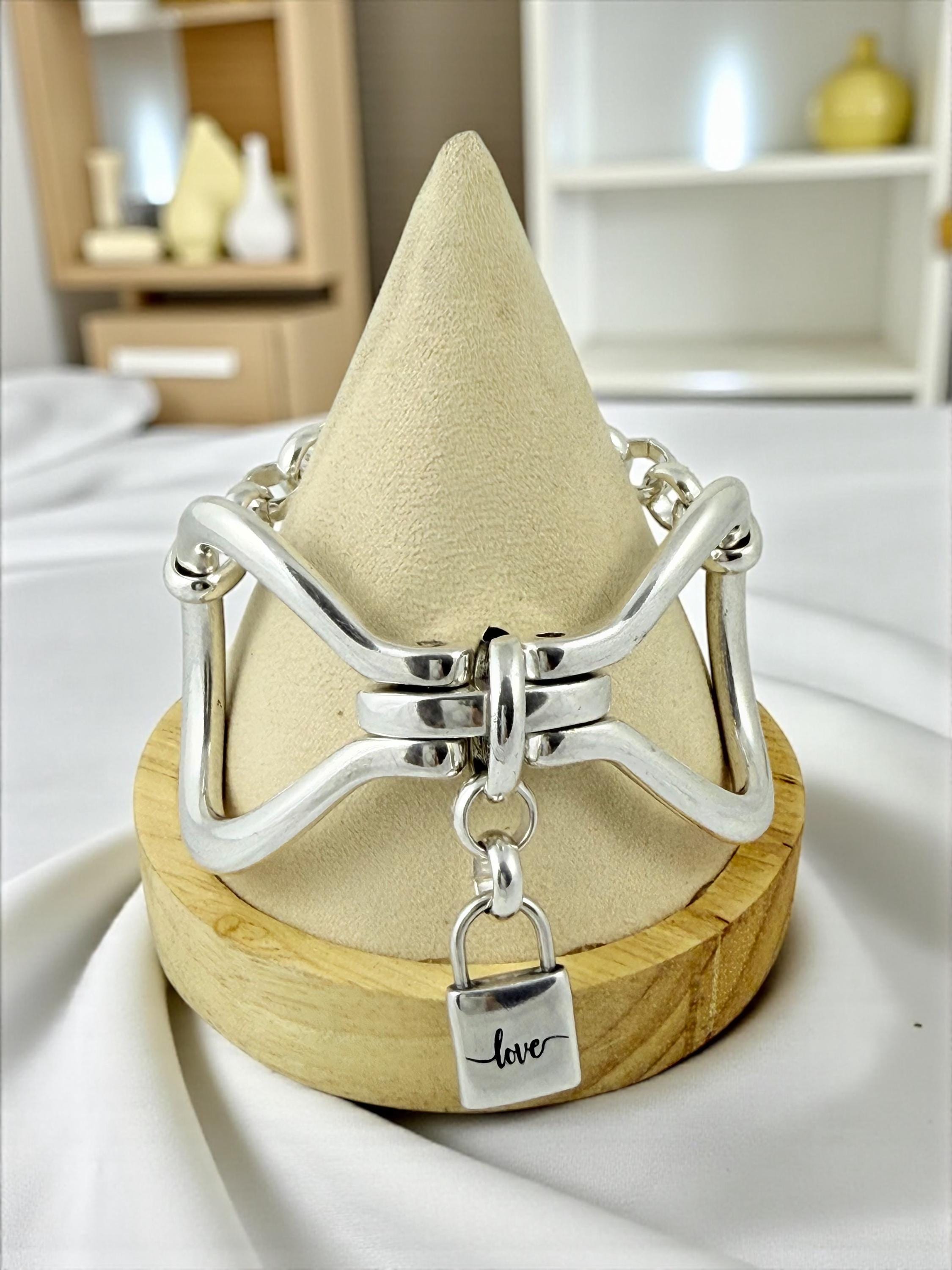 Chunky Silver Bracelet • Sculptural Stirrup‑Shaped Cuff with “Love” Padlock Charm • Bold Handmade Statement Jewelry