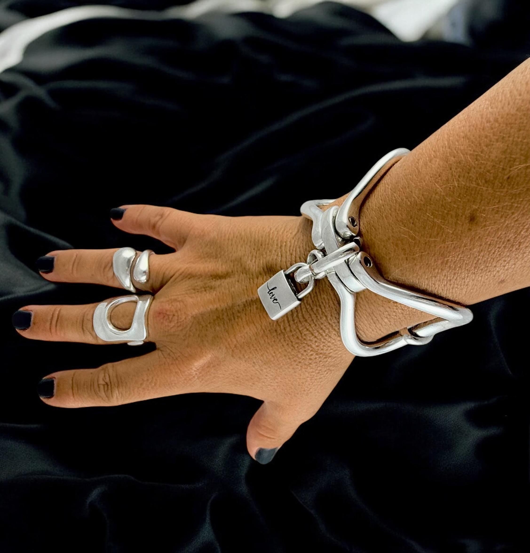 Chunky Silver Bracelet • Sculptural Stirrup‑Shaped Cuff with “Love” Padlock Charm • Bold Handmade Statement Jewelry