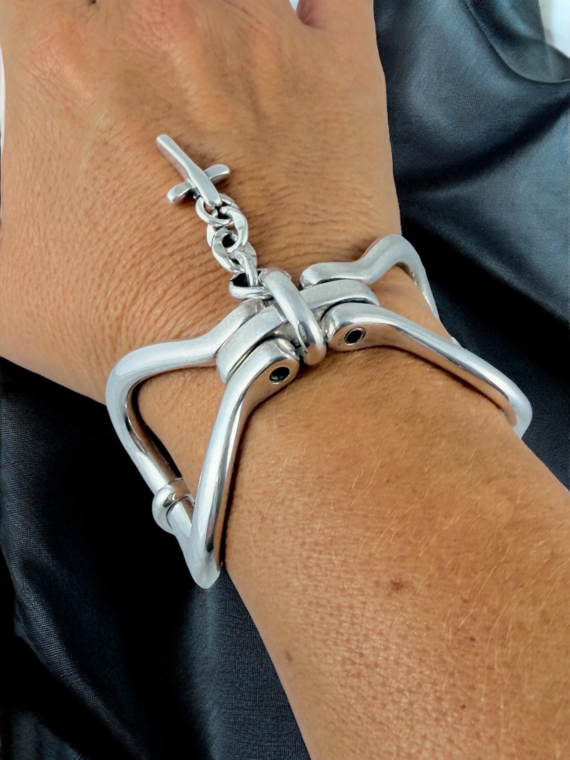 Sculptural Stirrup-Shaped chunky Silver Bracelet – Layered Chains with Cross Charm – Bold Handmade Kukuri Jewelry