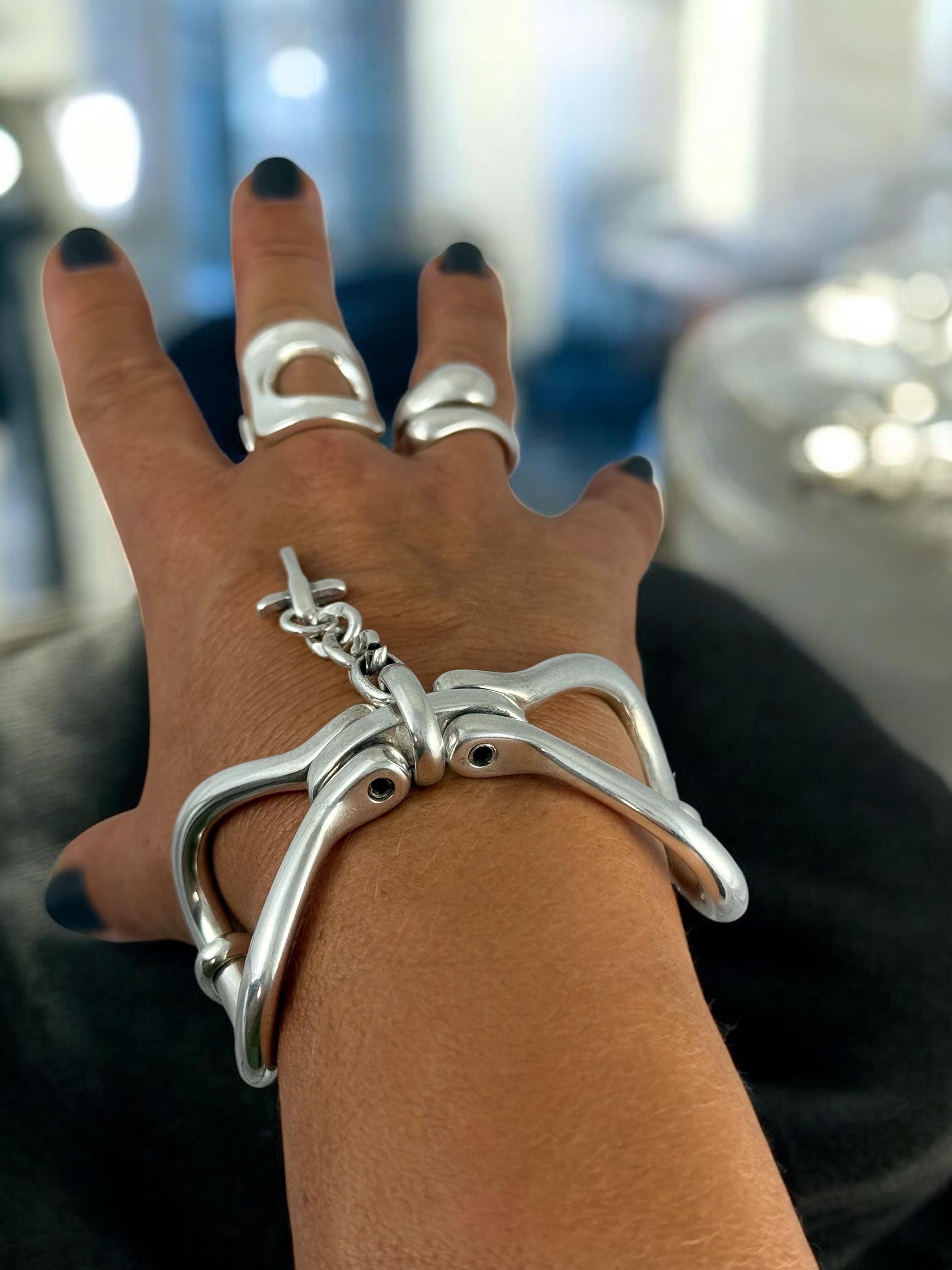 Sculptural Stirrup-Shaped chunky Silver Bracelet – Layered Chains with Cross Charm – Bold Handmade Kukuri Jewelry