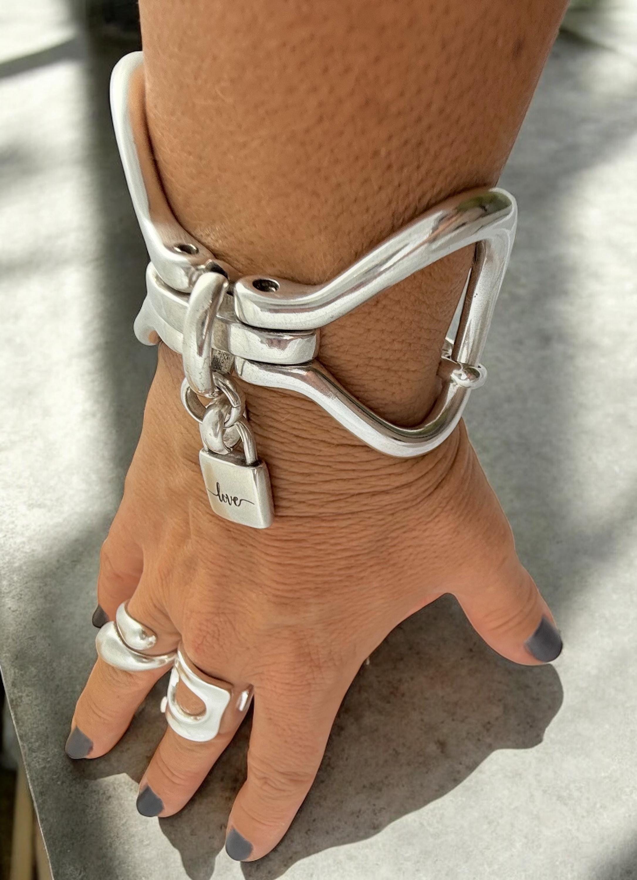 Chunky Silver Bracelet • Sculptural Stirrup‑Shaped Cuff with “Love” Padlock Charm • Bold Handmade Statement Jewelry