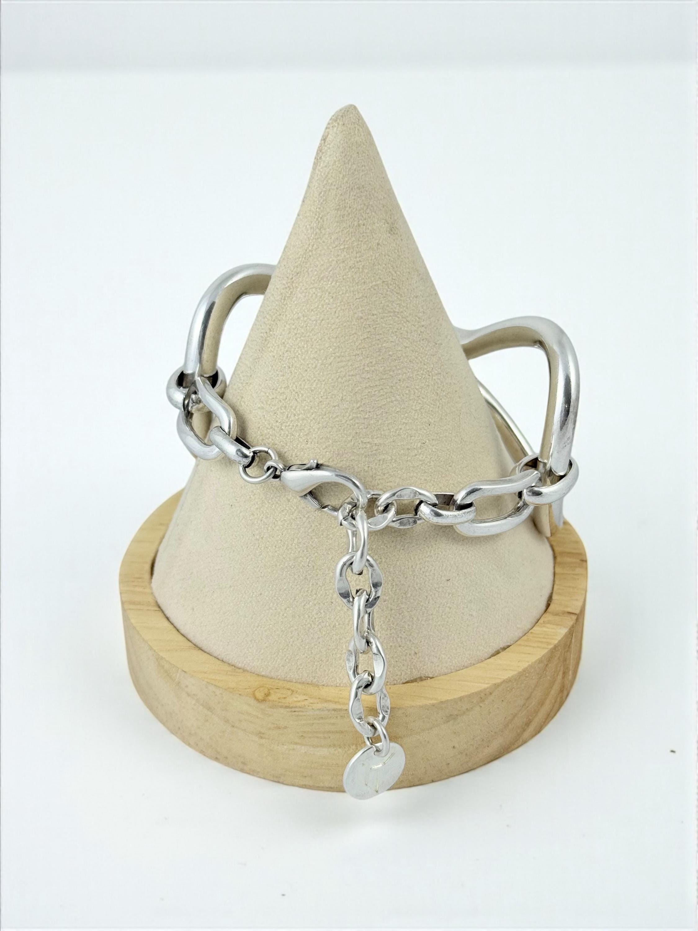 Sculptural Stirrup-Shaped chunky Silver Bracelet – Layered Chains with Cross Charm – Bold Handmade Kukuri Jewelry