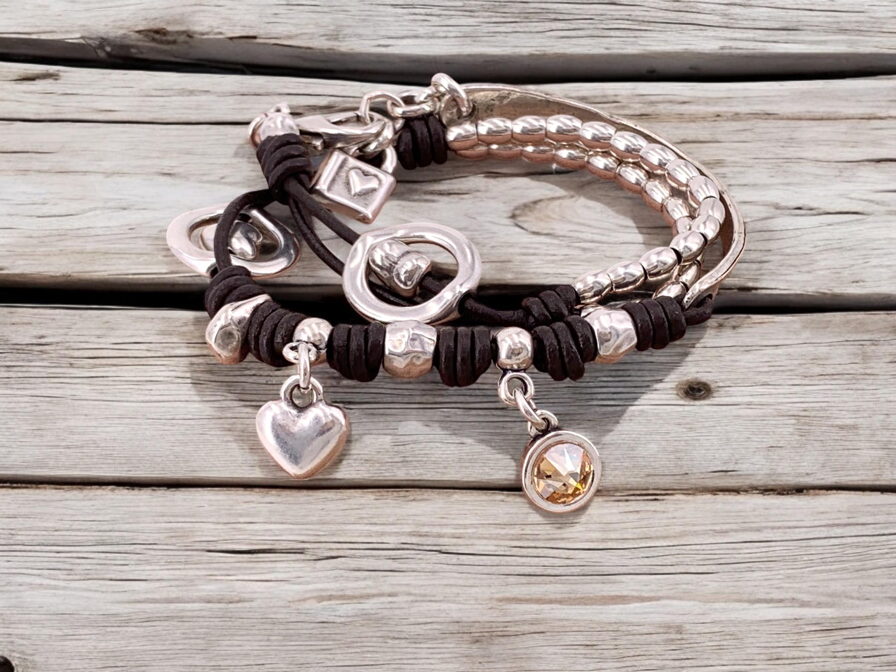 Wrap leather and silver boho bracelet, charms half cuff, tribal hippie style, exclude design by Kukuri Jewelry