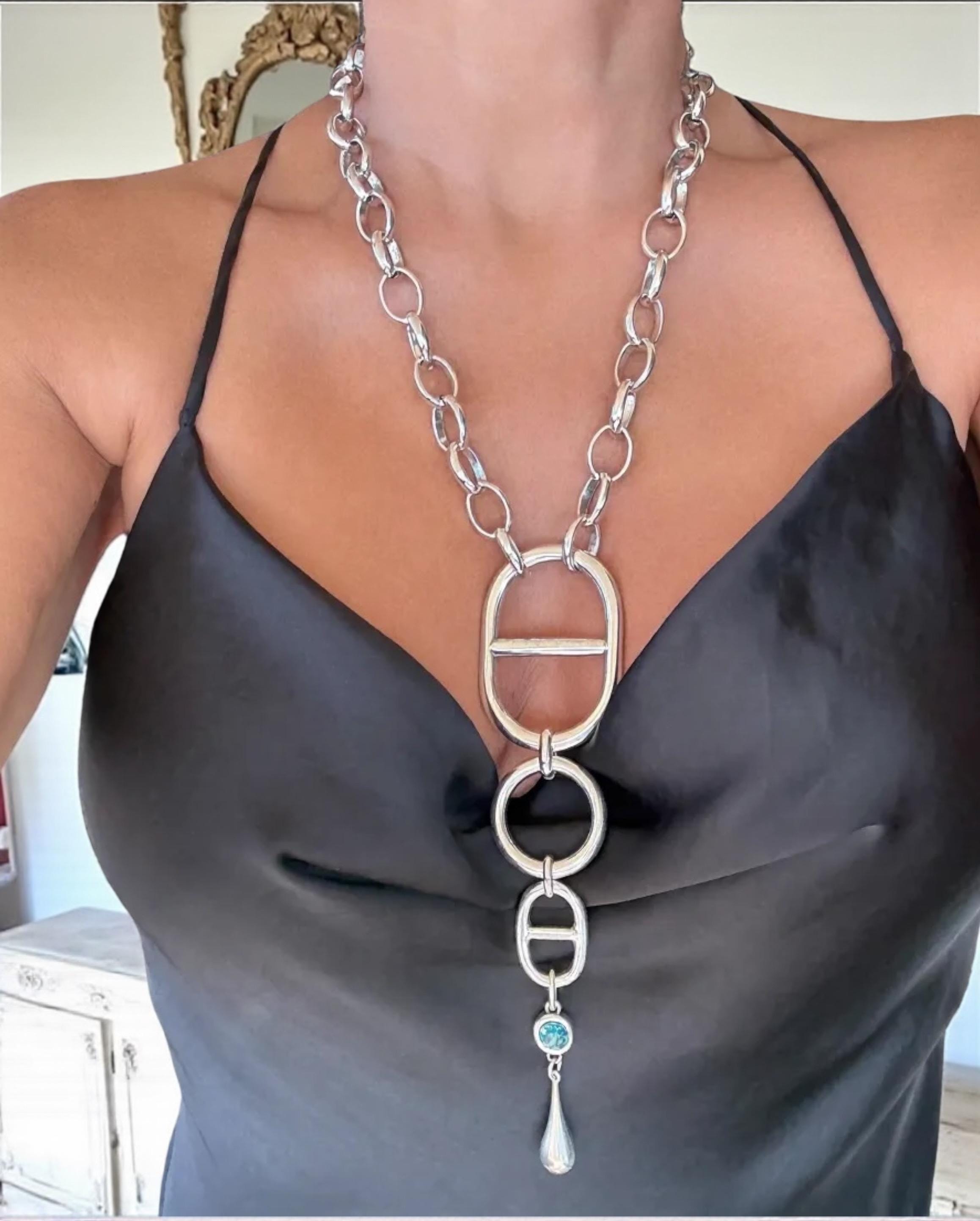 Chunky Silver Chain Necklace – Nautical Link Pendant with Swarovski Crystal and Teardrop Charm – Handmade Kukuri Jewelry