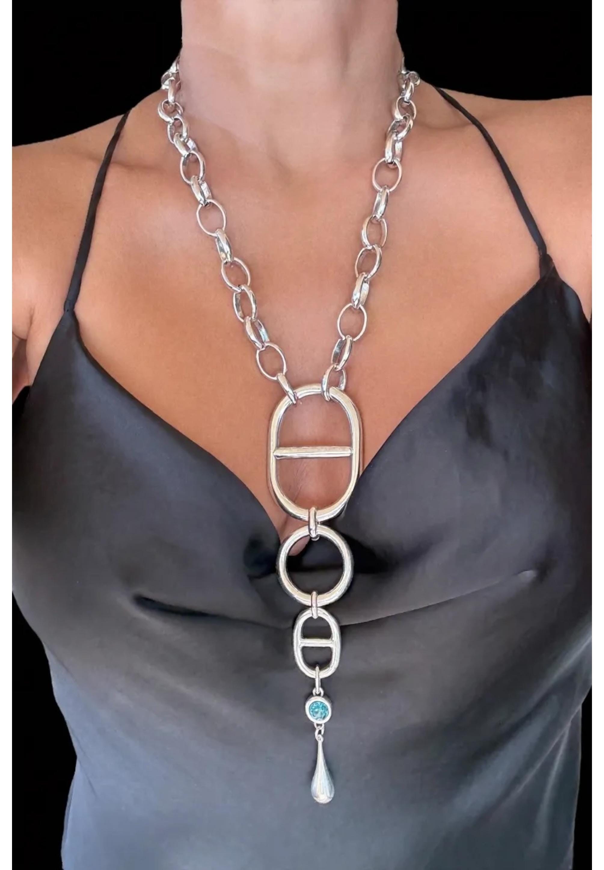 Chunky Silver Chain Necklace – Nautical Link Pendant with Swarovski Crystal and Teardrop Charm – Handmade Kukuri Jewelry