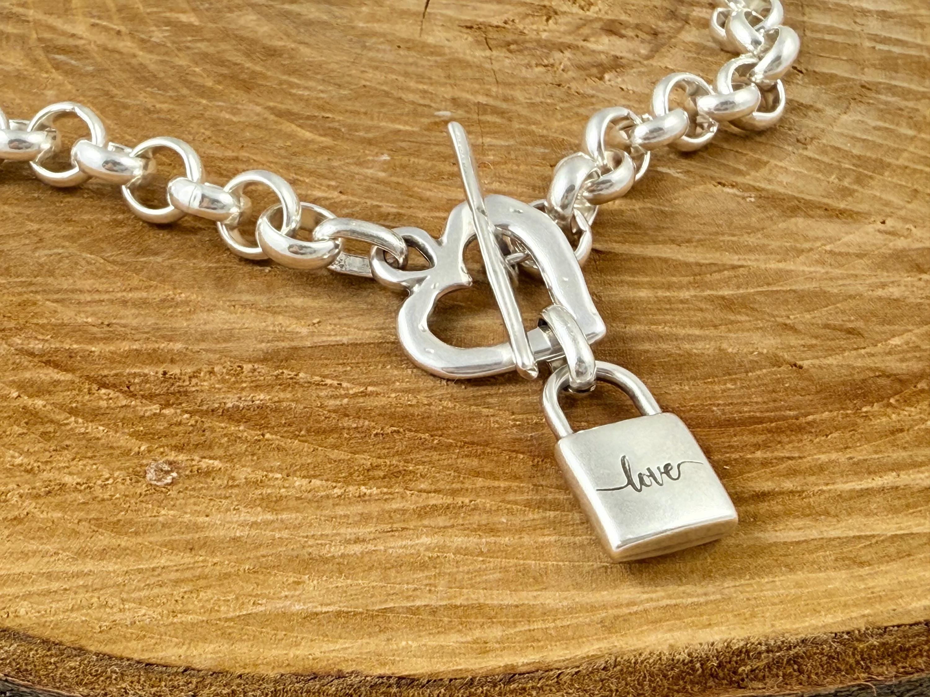 Chunky Rolo Chain Necklace – Heart Toggle Clasp with “love” Padlock – Boho Brutalist Gift – Handmade Kukuri Jewelry