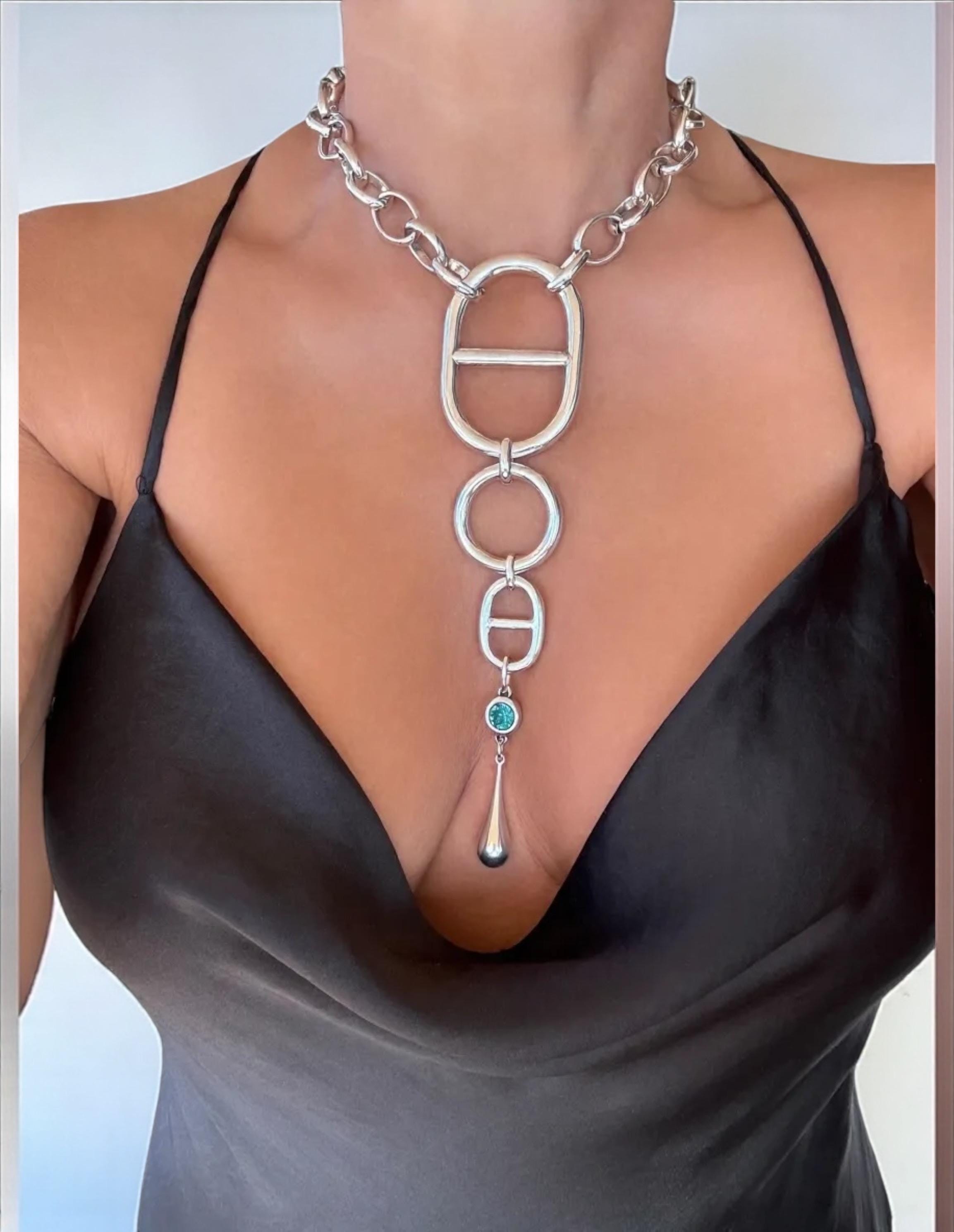 Chunky Silver Chain Necklace – Nautical Link Pendant with Swarovski Crystal and Teardrop Charm – Handmade Kukuri Jewelry