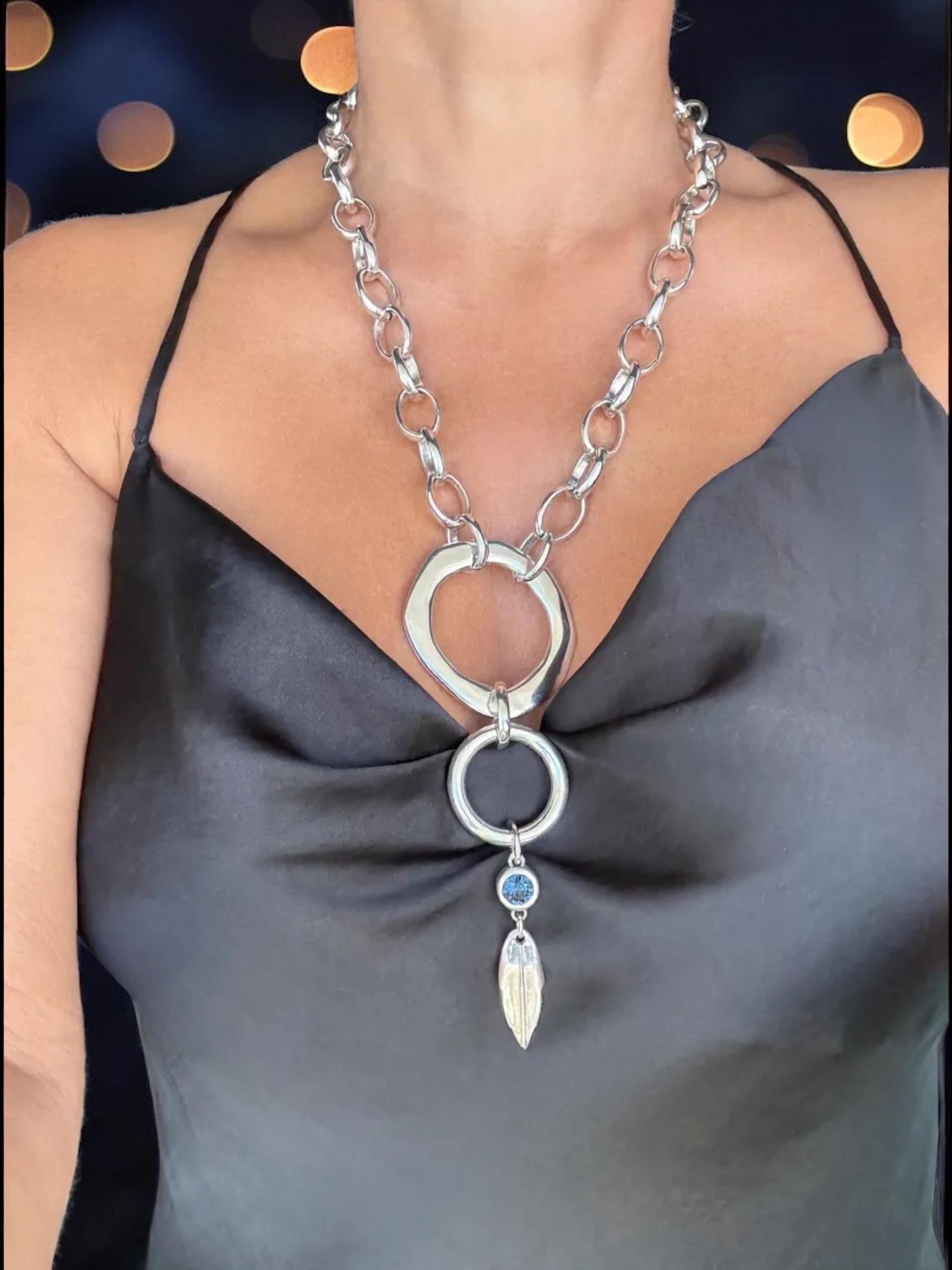 Chunky Silver Chain Necklace – Circular Pendant with Swarovski Crystal – Statement Jewelry – Handmade Kukuri Jewelry