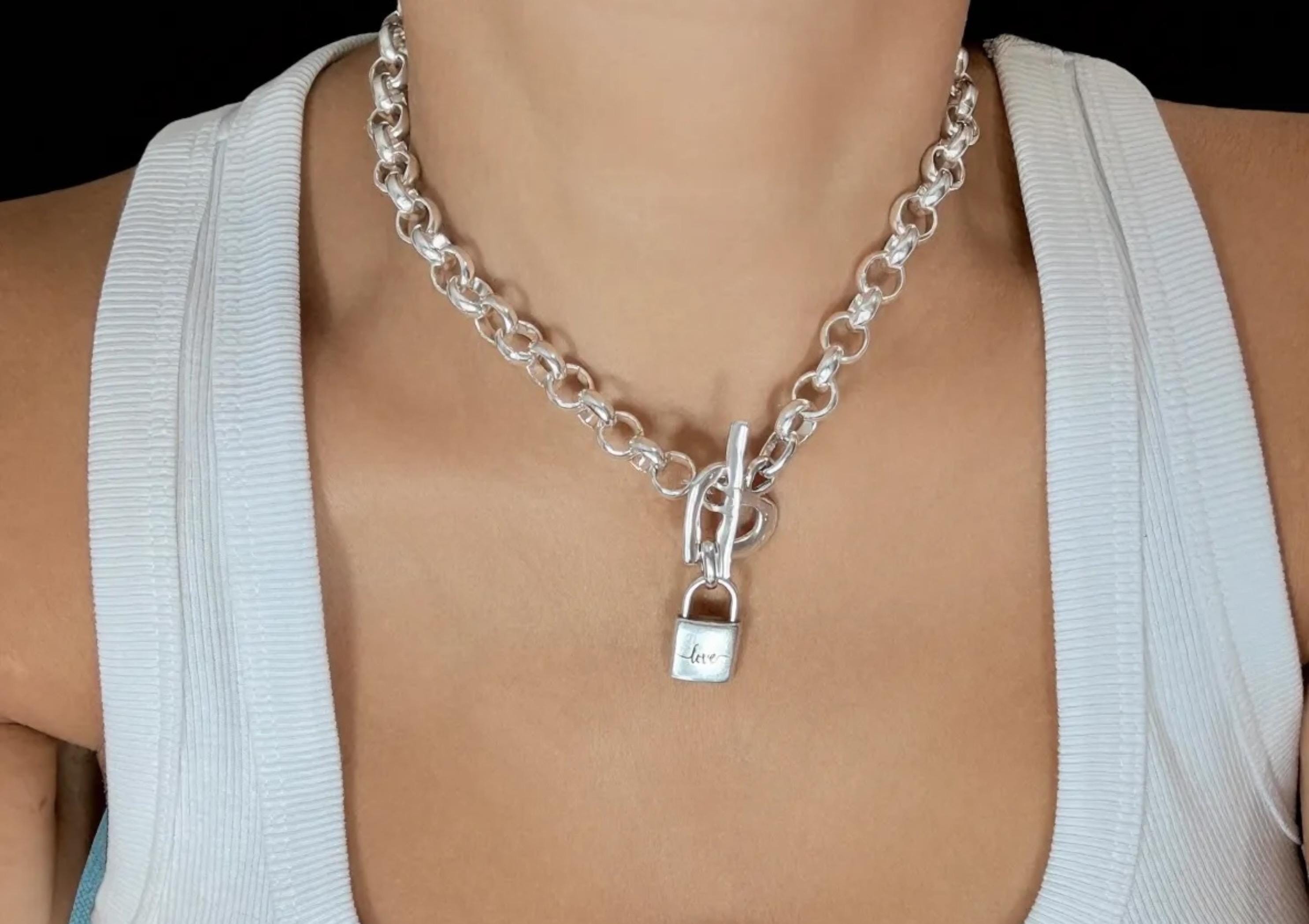 Chunky Rolo Chain Necklace – Heart Toggle Clasp with “love” Padlock – Boho Brutalist Gift – Handmade Kukuri Jewelry