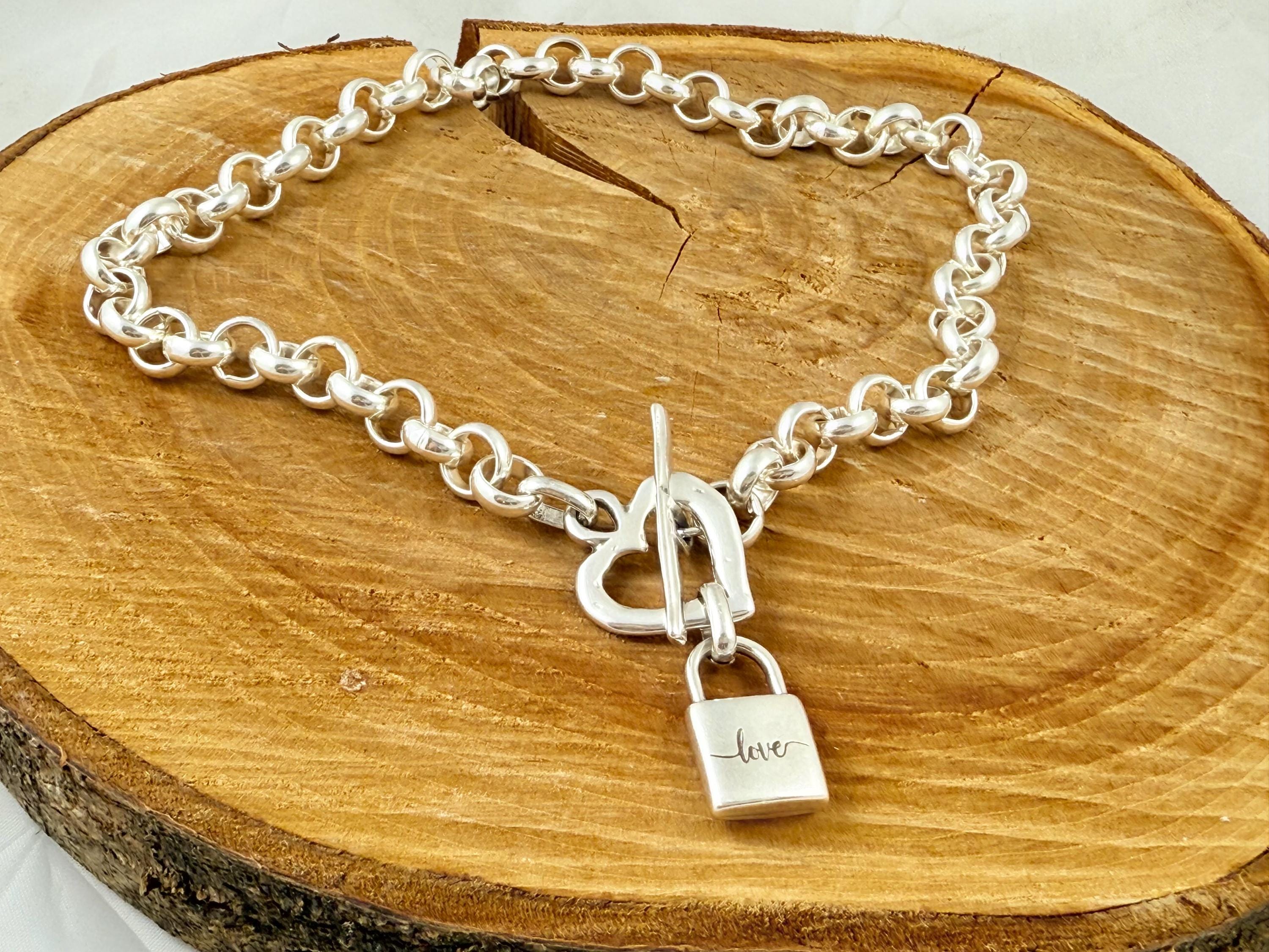 Chunky Rolo Chain Necklace – Heart Toggle Clasp with “love” Padlock – Boho Brutalist Gift – Handmade Kukuri Jewelry