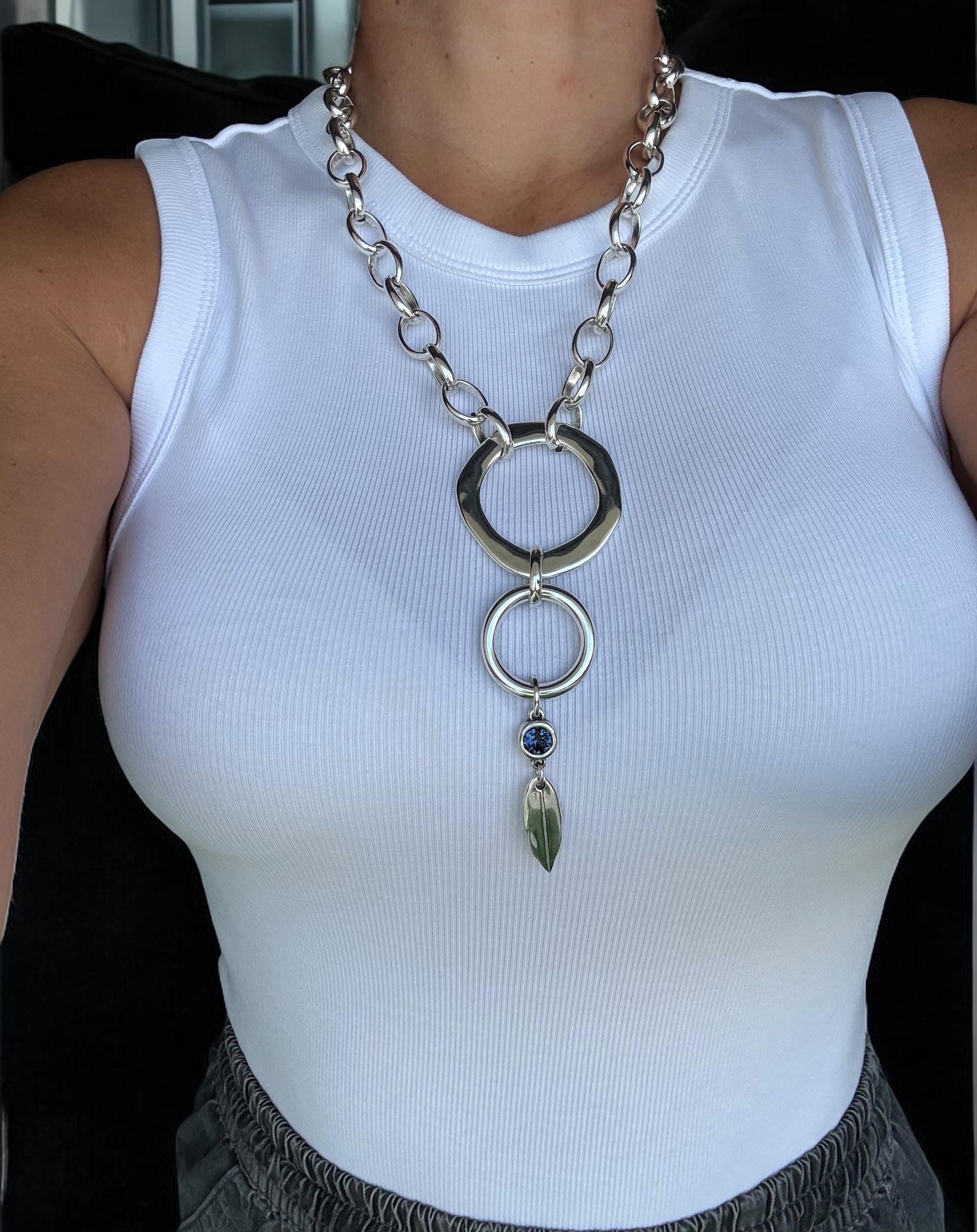 Chunky Silver Chain Necklace – Circular Pendant with Swarovski Crystal – Statement Jewelry – Handmade Kukuri Jewelry