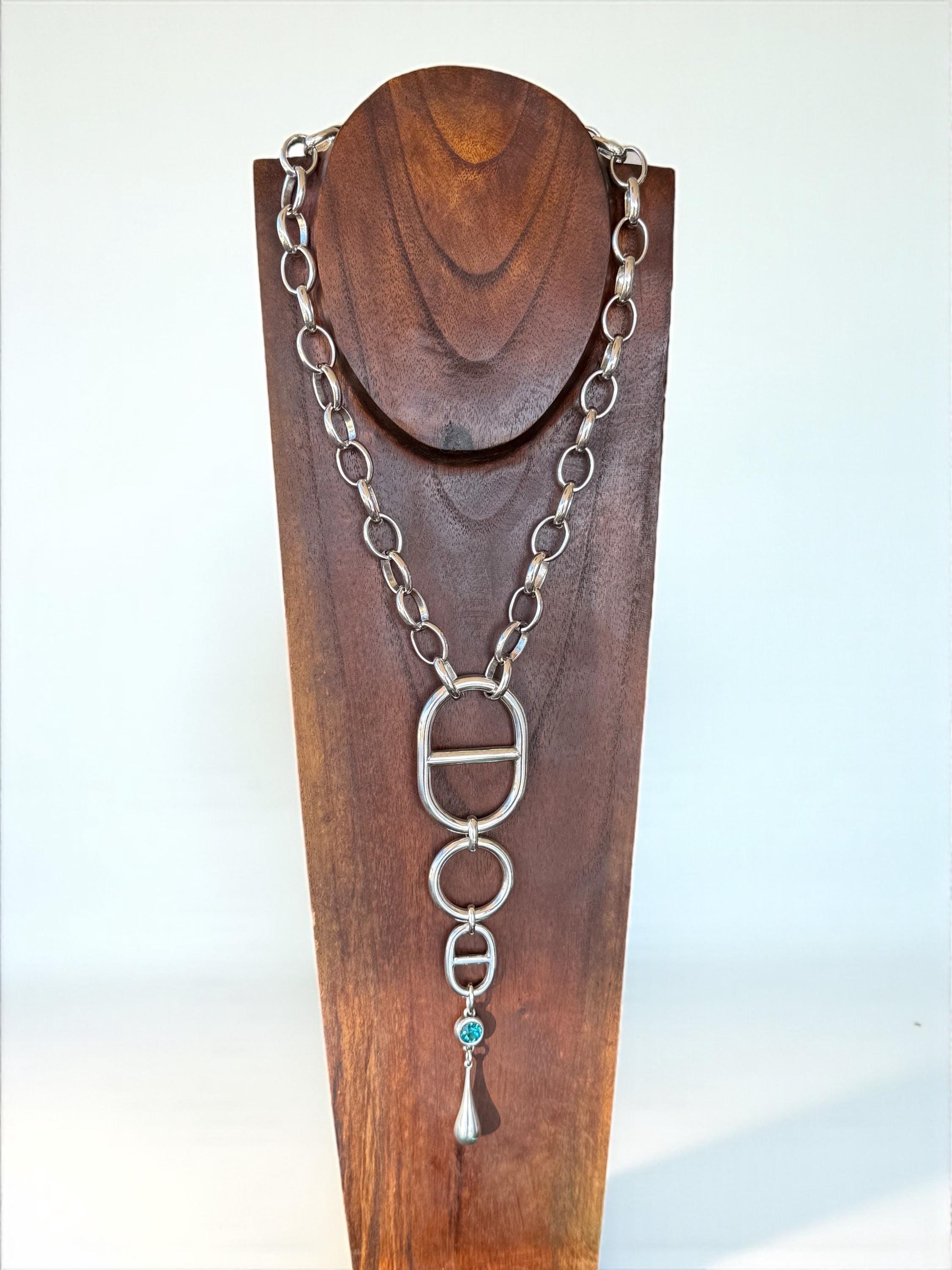 Chunky Silver Chain Necklace – Nautical Link Pendant with Swarovski Crystal and Teardrop Charm – Handmade Kukuri Jewelry