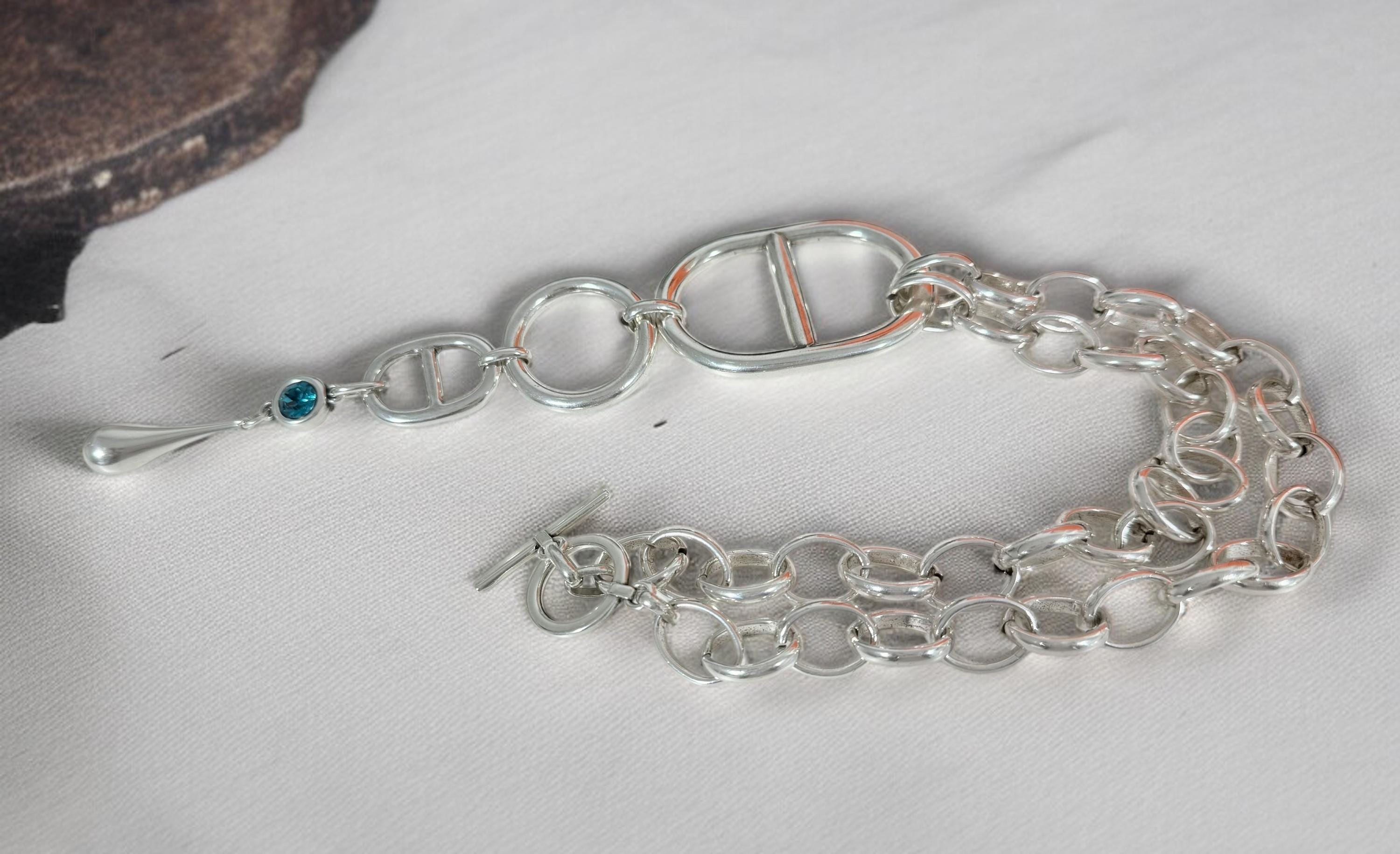 Chunky Silver Chain Necklace – Nautical Link Pendant with Swarovski Crystal and Teardrop Charm – Handmade Kukuri Jewelry