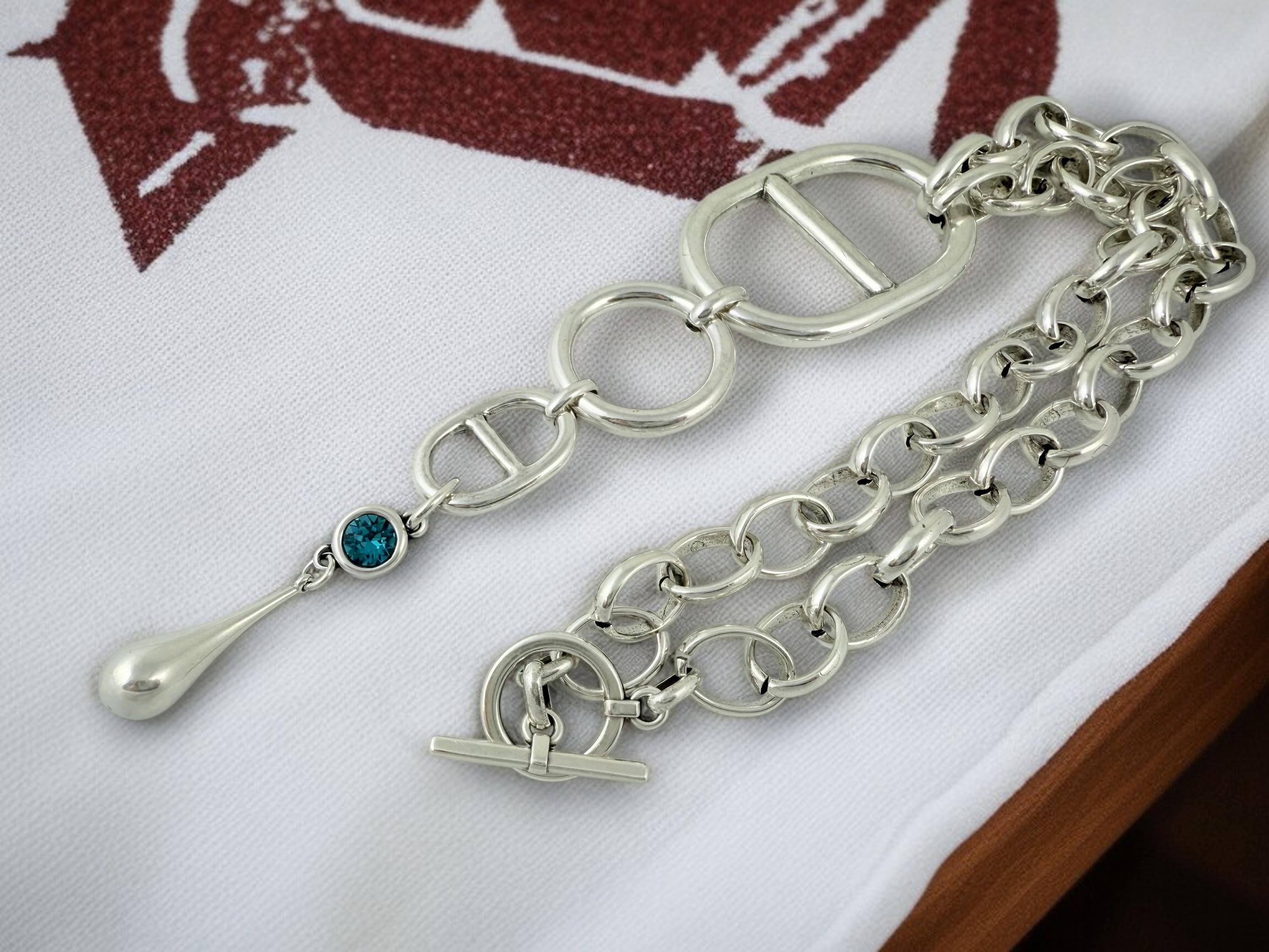 Chunky Silver Chain Necklace – Nautical Link Pendant with Swarovski Crystal and Teardrop Charm – Handmade Kukuri Jewelry