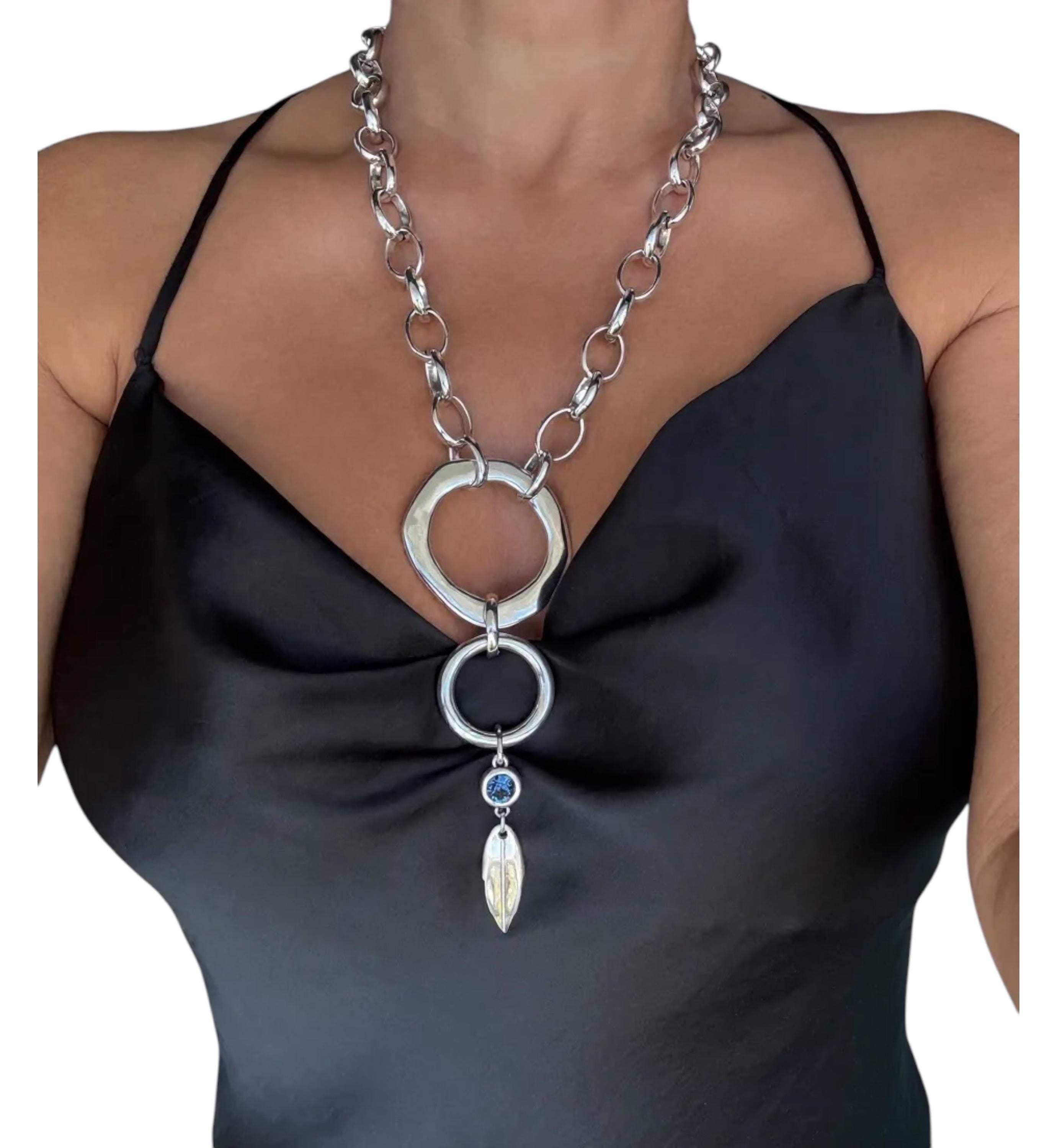 Chunky Silver Chain Necklace – Circular Pendant with Swarovski Crystal – Statement Jewelry – Handmade Kukuri Jewelry