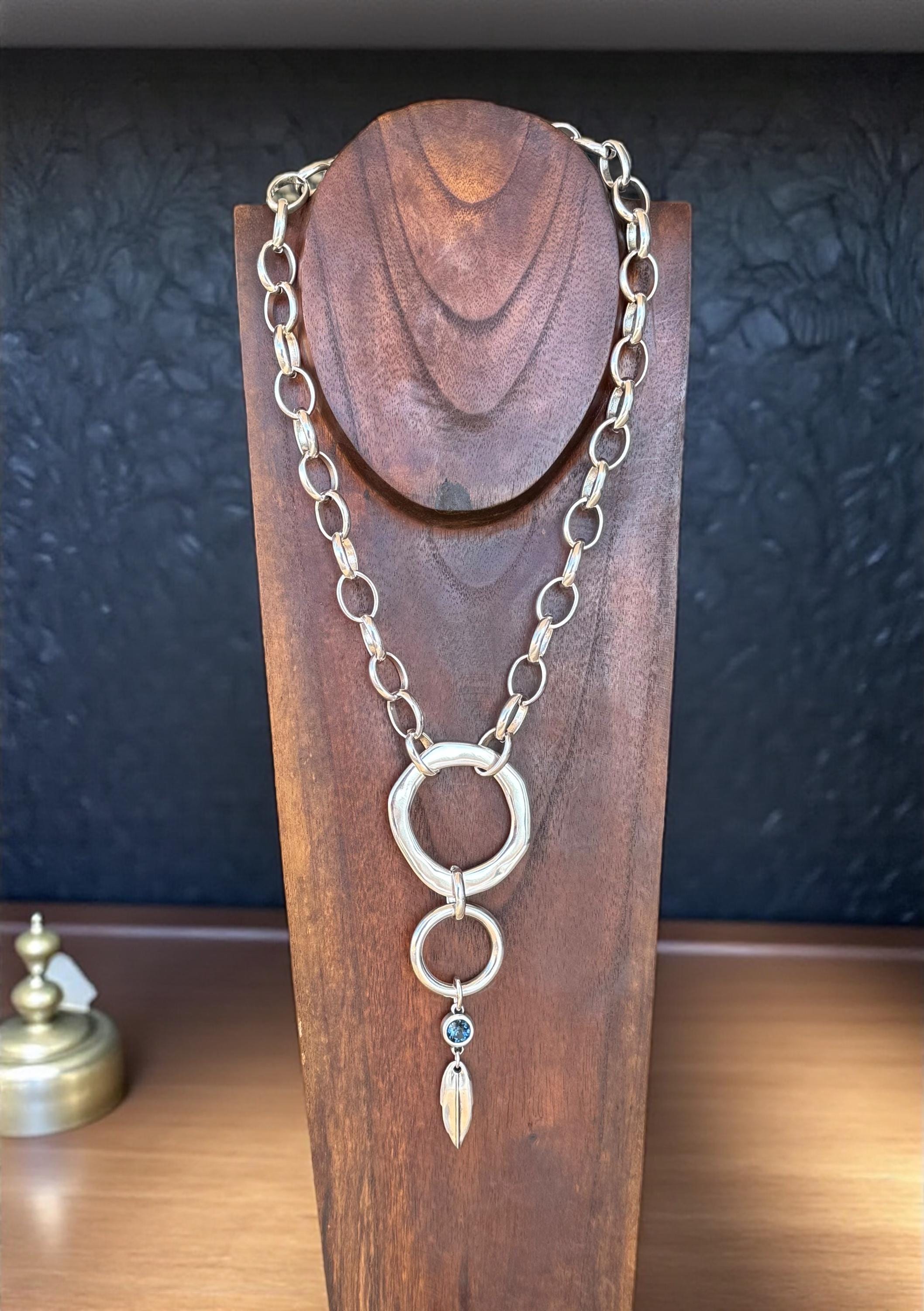 Chunky Silver Chain Necklace – Circular Pendant with Swarovski Crystal – Statement Jewelry – Handmade Kukuri Jewelry