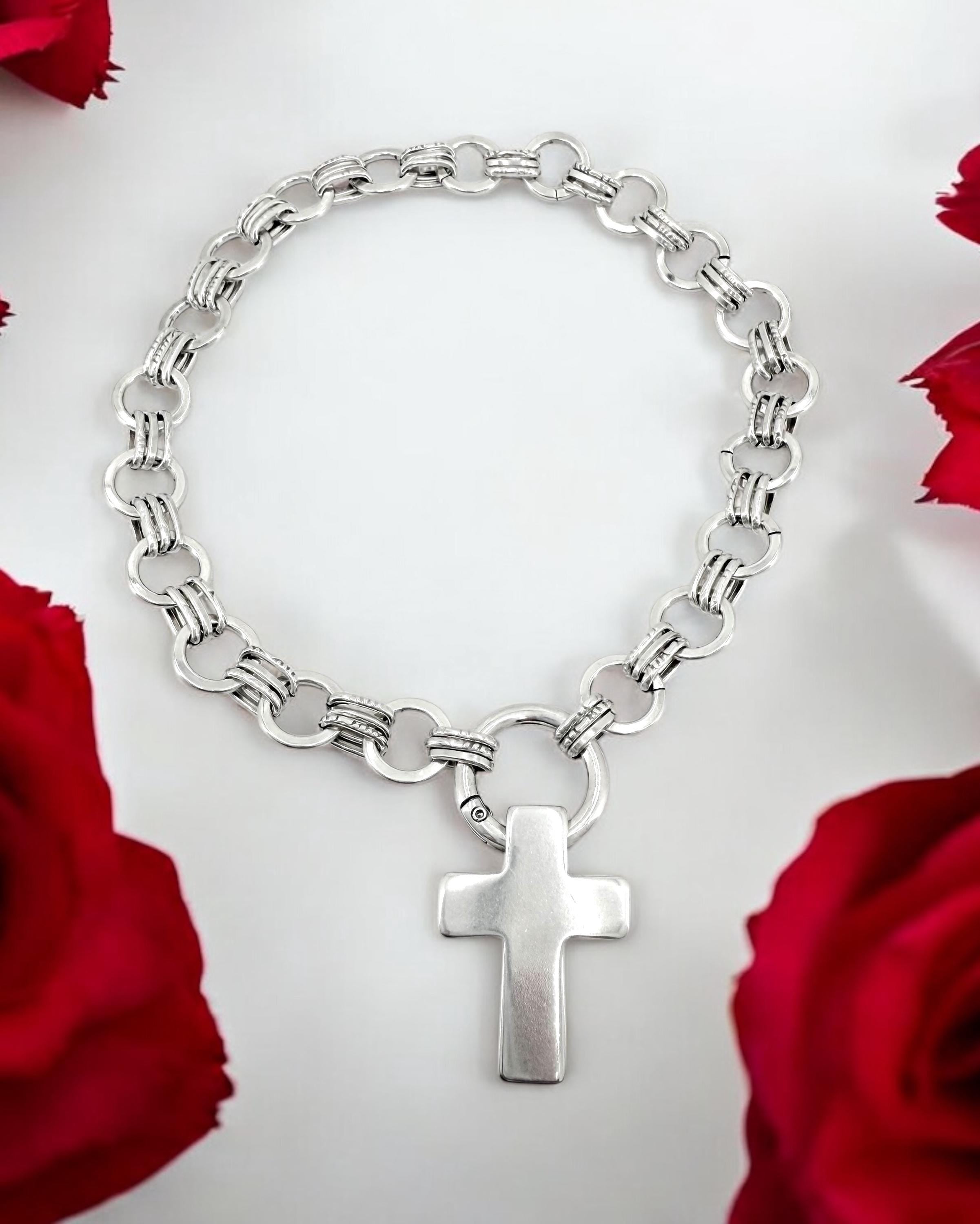 Chunky Silver Chain Necklace with Large Cross Pendant – Statement Necklace – Handmade Kukuri Jewelry