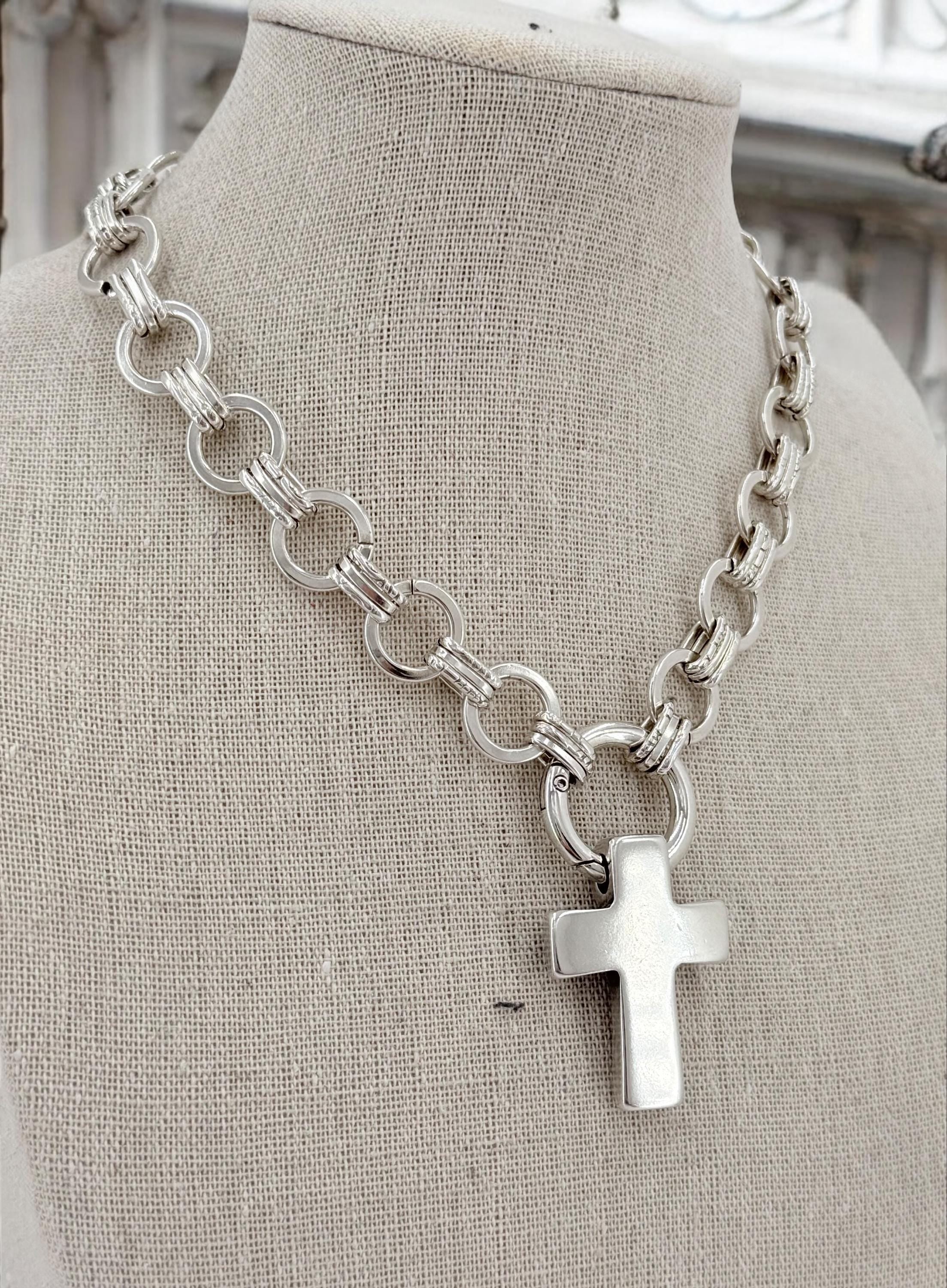 Chunky Silver Chain Necklace with Large Cross Pendant – Statement Necklace – Handmade Kukuri Jewelry