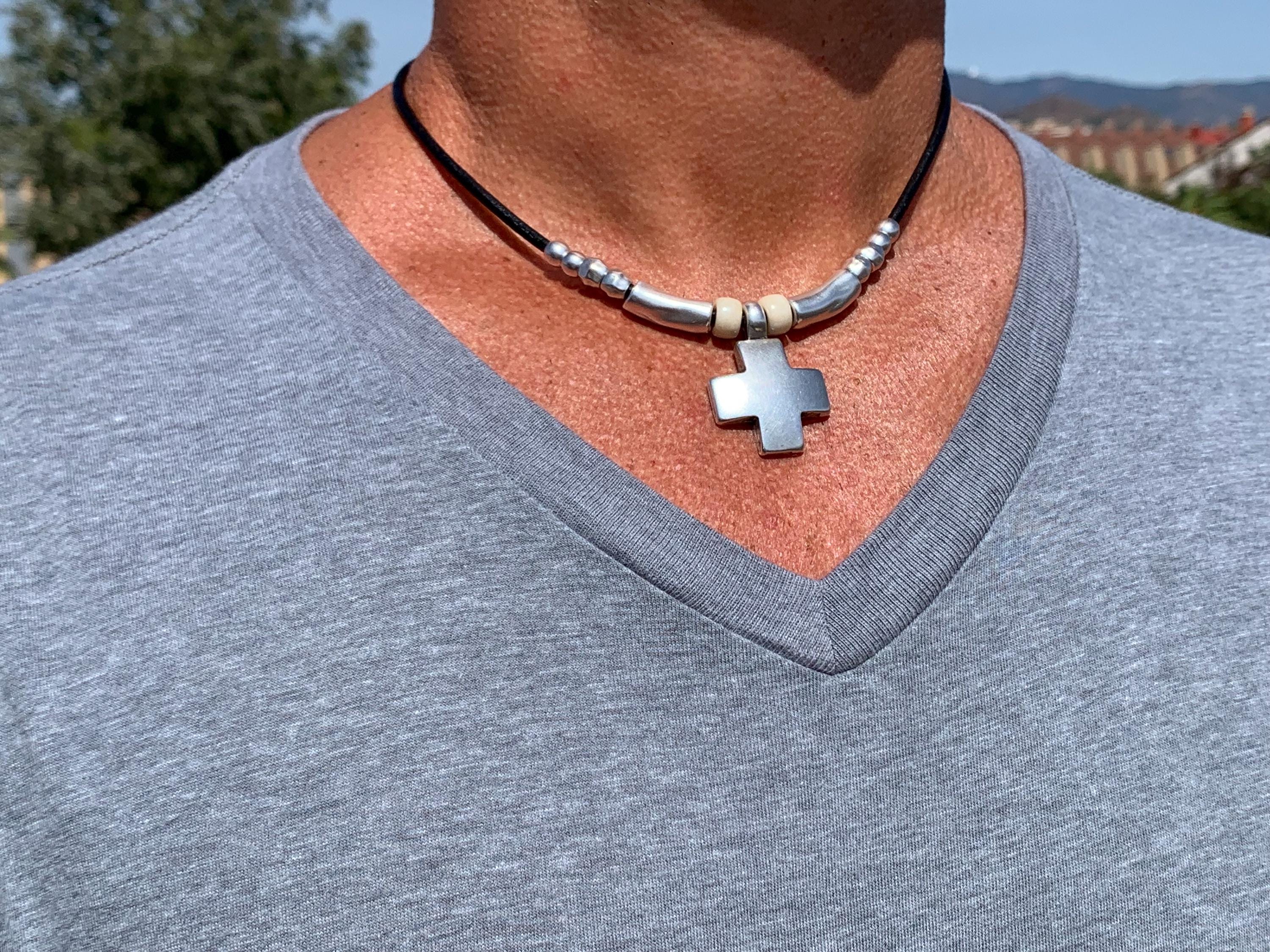 Chunky Silver Cross Pendant Leather Necklace – Czech Crystal & Silver Beads – Magnetic Clasp – Handmade Kukuri Jewelry