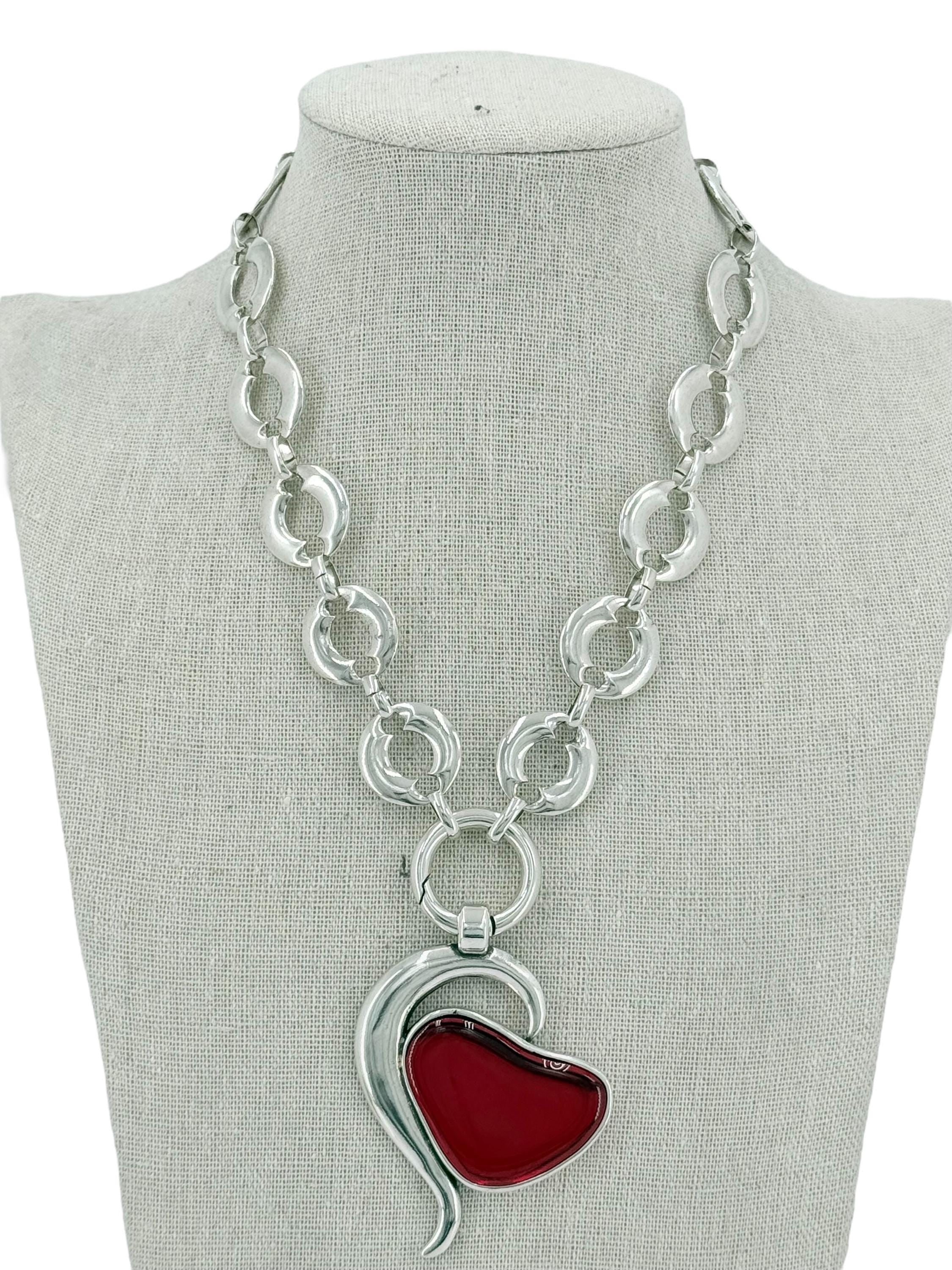 Big Red Heart Pendant Necklace – Chunky Flat-Link Silver Chain – Detachable Statement Necklace – Handmade Kukuri Jewelry