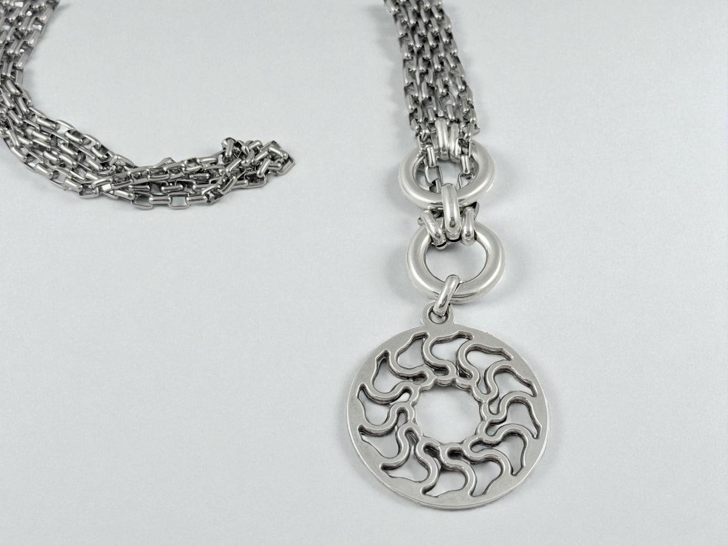 Double Circle chunky Necklace with Carved Mandala Pendant – Layered Chain – Dark Silver Finish – Handmade Kukuri Jewelry