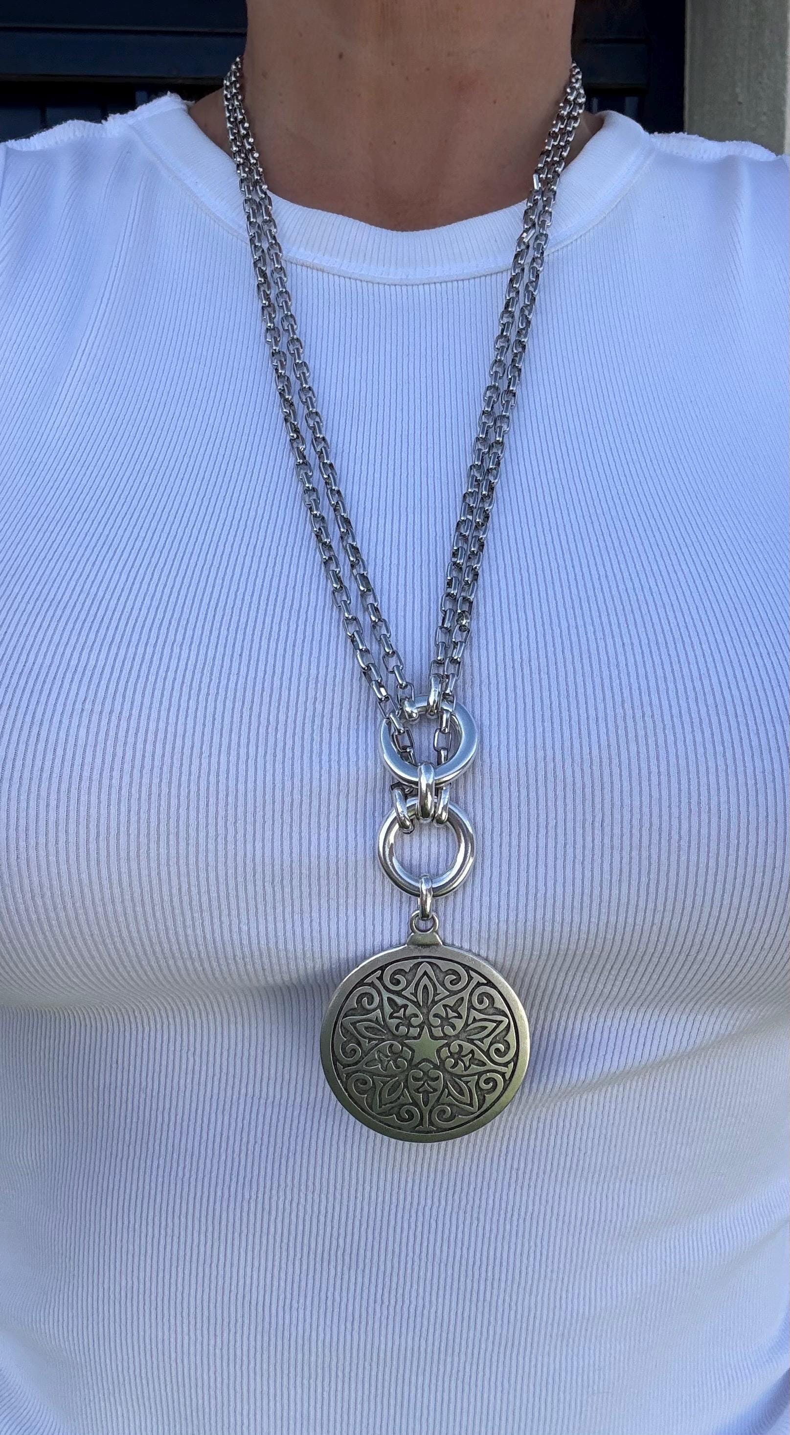 Double Circle Chunky Necklace with Large Mandala Pendant – Layered Chain – Dark Silver Finish – Handmade Kukuri Jewelry