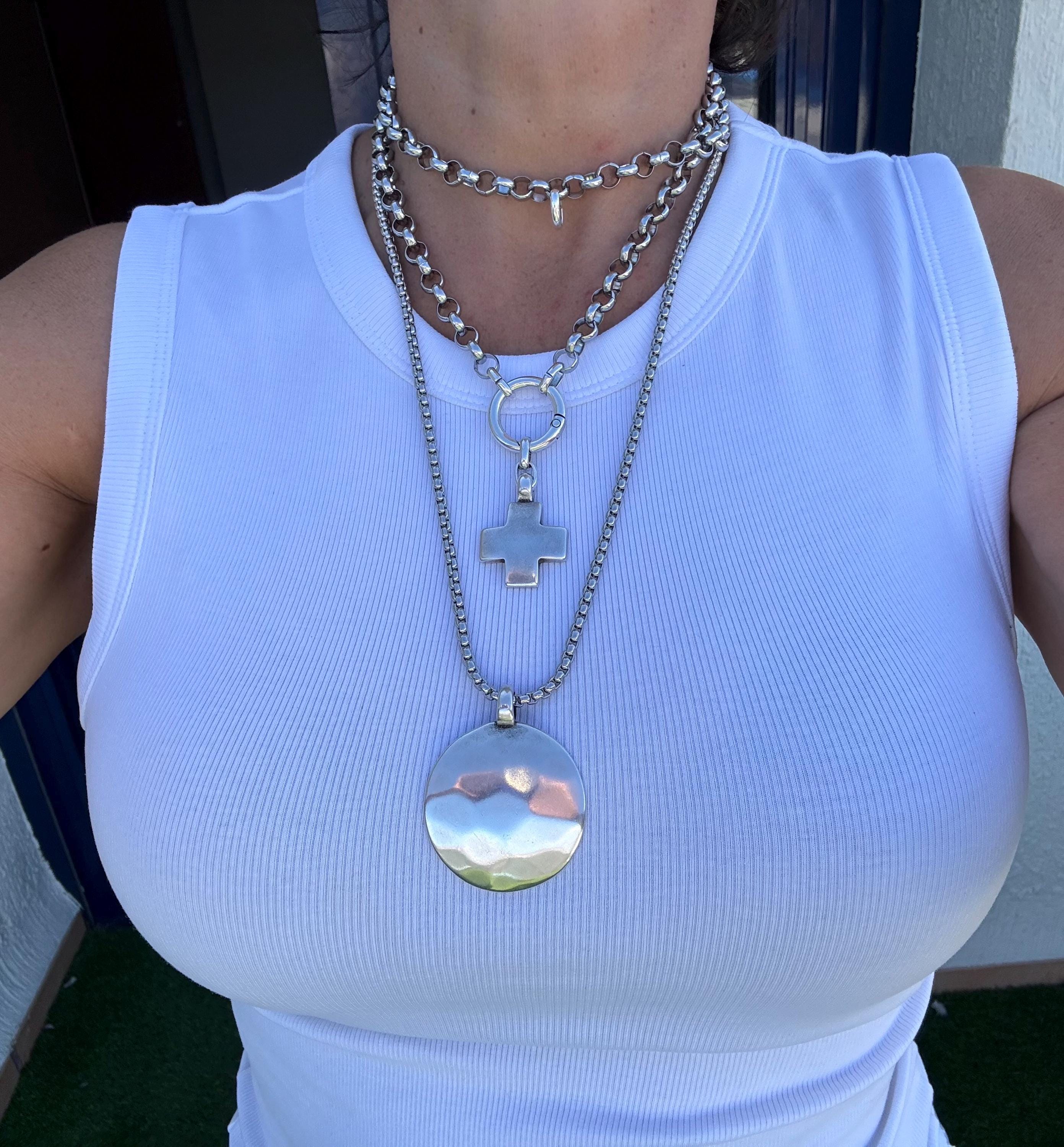 Set of Two Multi-Position chunky wrap Necklaces – Cross Pendant & Hammered Circle – Dark Silver Finish – Handmade Kukuri Jewelry