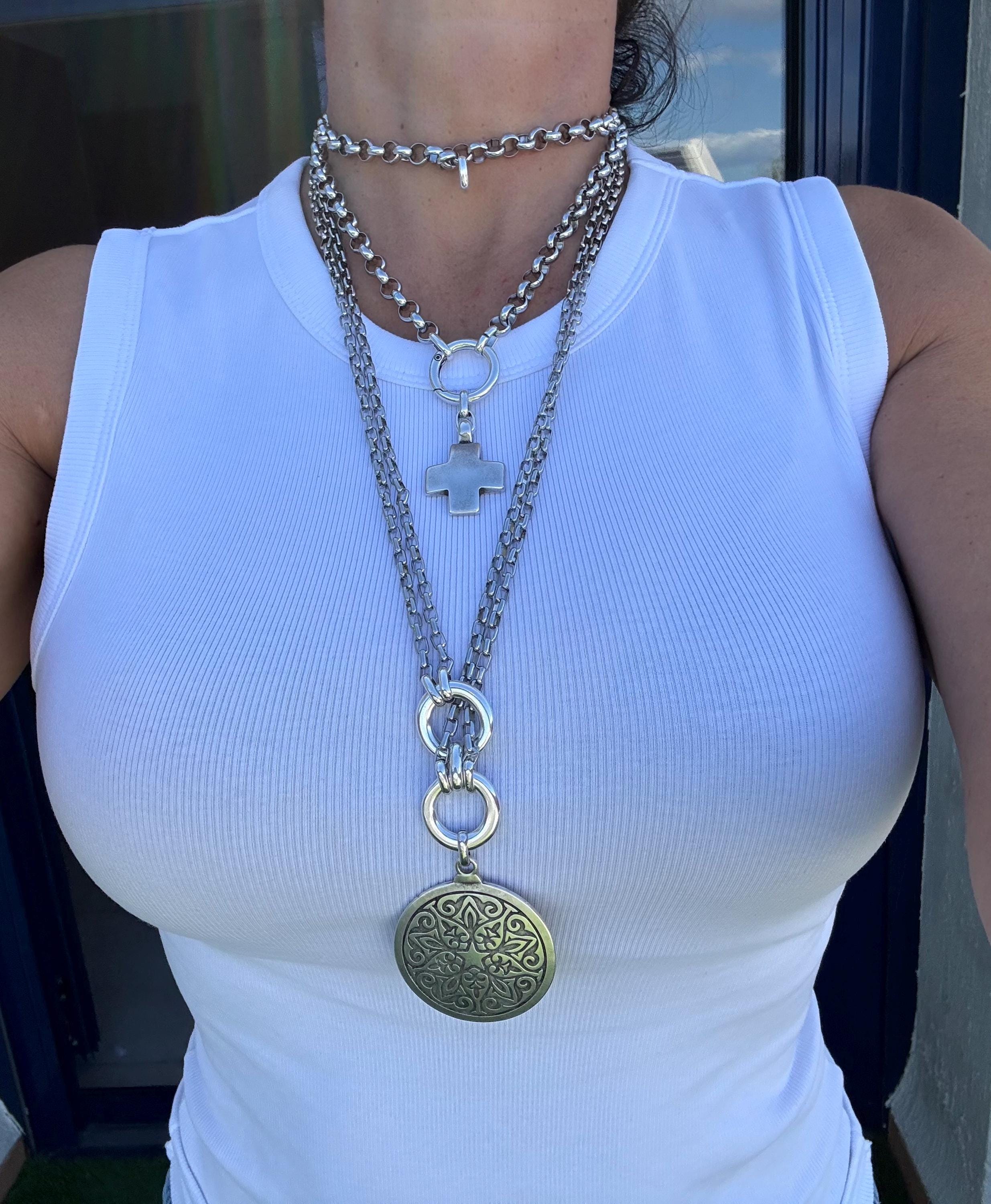 Double Circle Chunky Necklace with Large Mandala Pendant – Layered Chain – Dark Silver Finish – Handmade Kukuri Jewelry