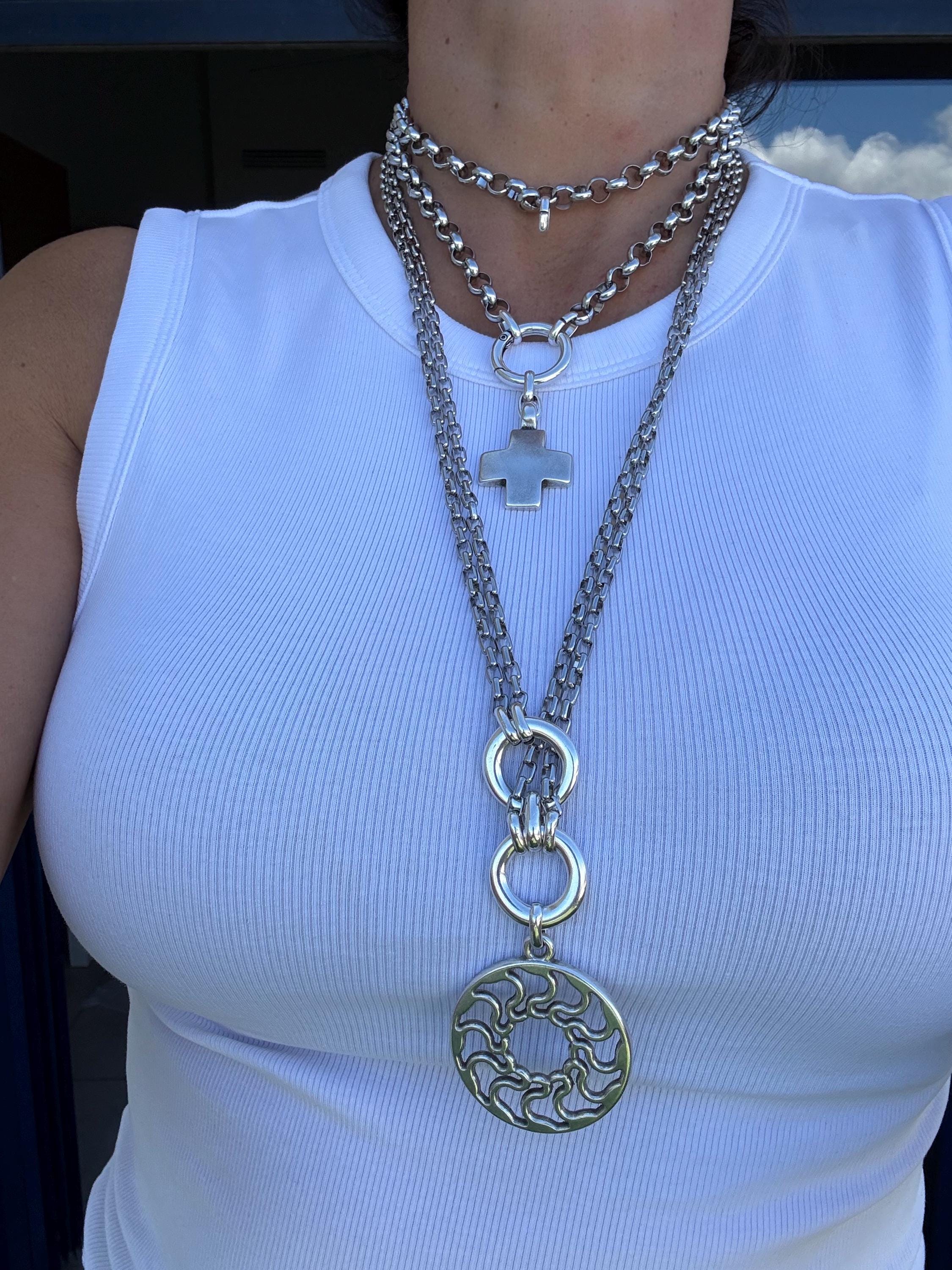 Double Circle chunky Necklace with Carved Mandala Pendant – Layered Chain – Dark Silver Finish – Handmade Kukuri Jewelry