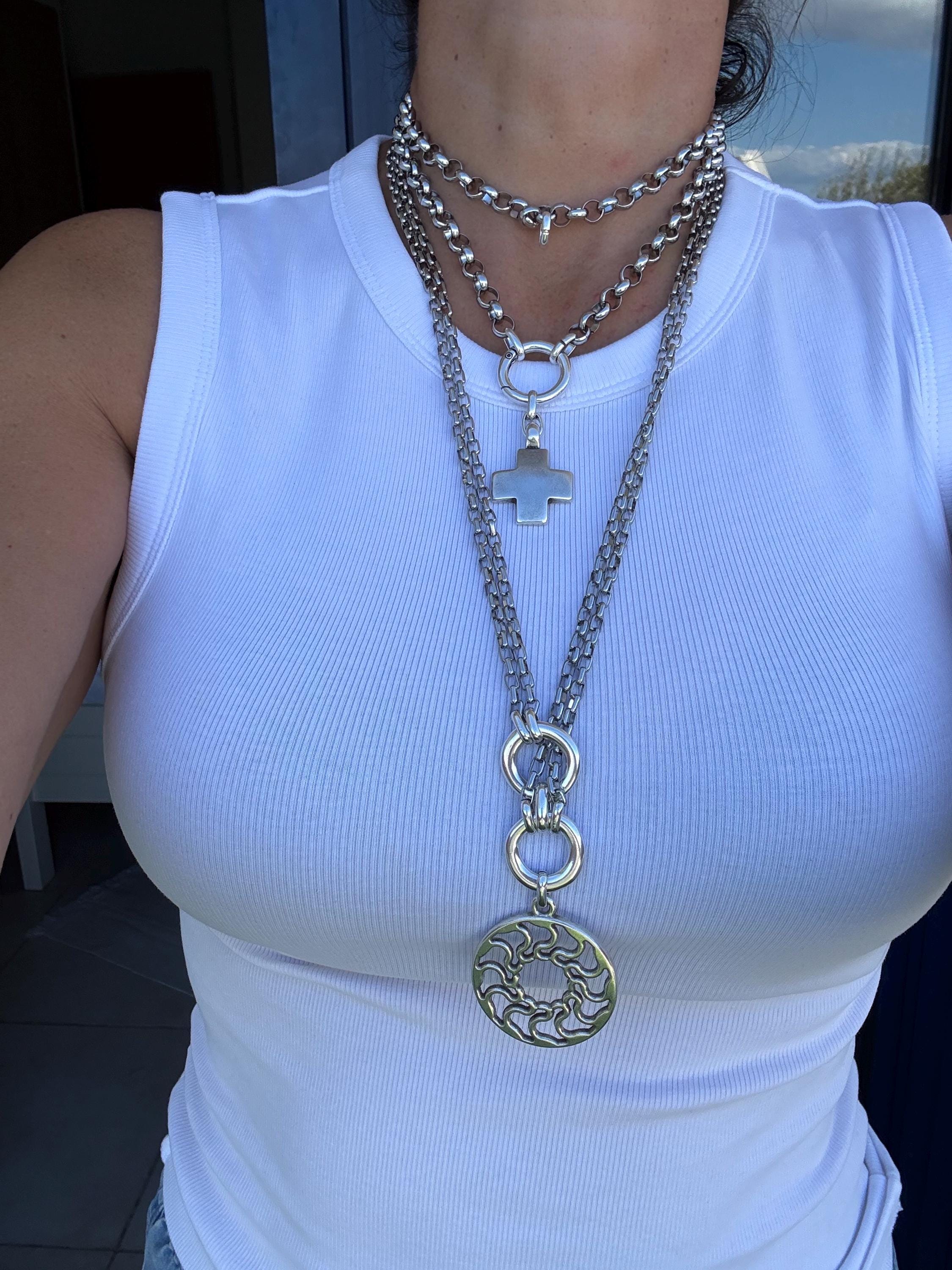 Set of Two Multi-Position chunky Necklaces – Cross Pendant & Interlocking Circles – Dark Silver Finish – Handmade Kukuri Jewelry