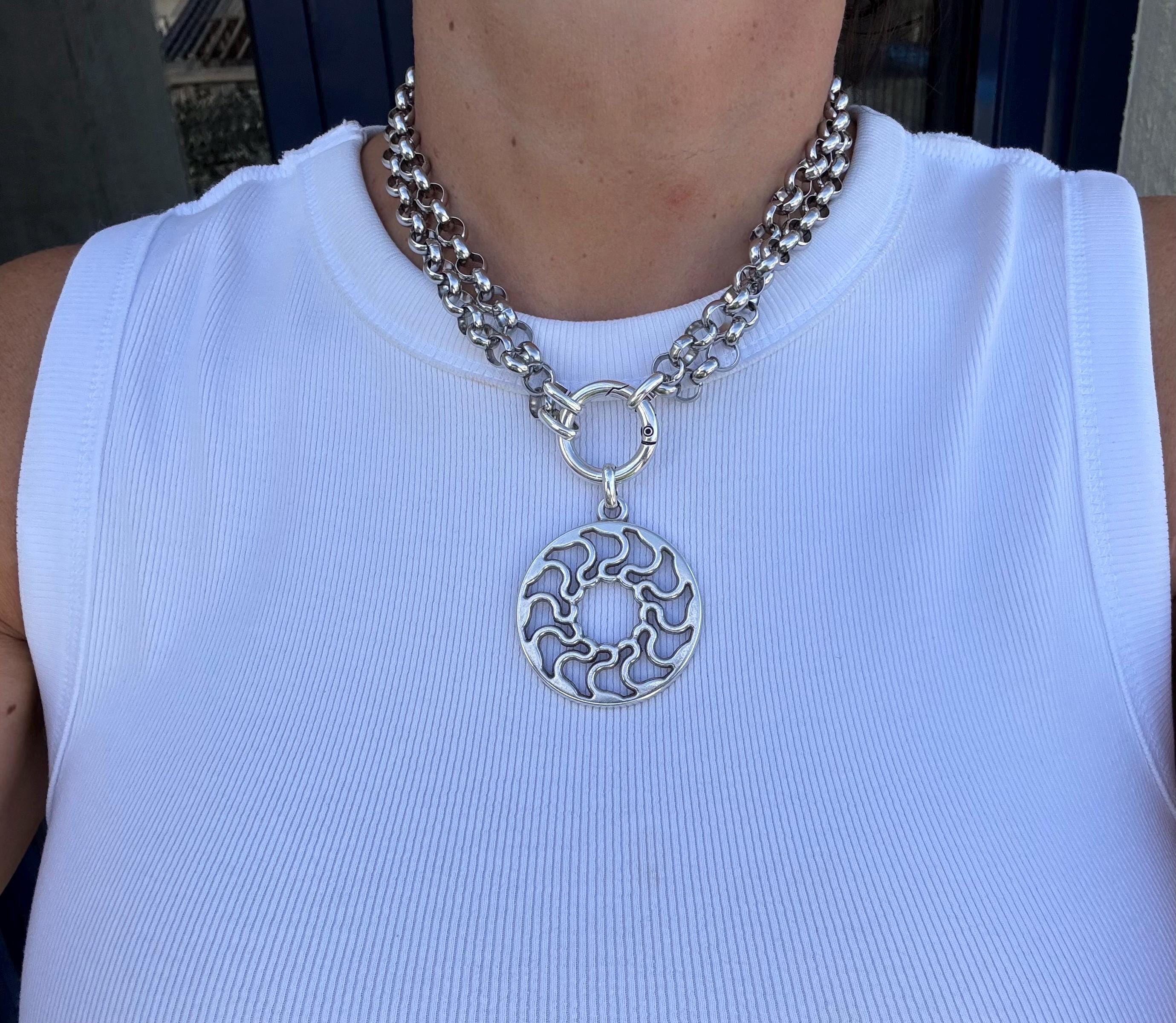 Versatile Multi-Position curved Mandala Pendant Necklace – Chunky Rolo Chain – Antique Silver Finish – Handmade Kukuri Jewelry