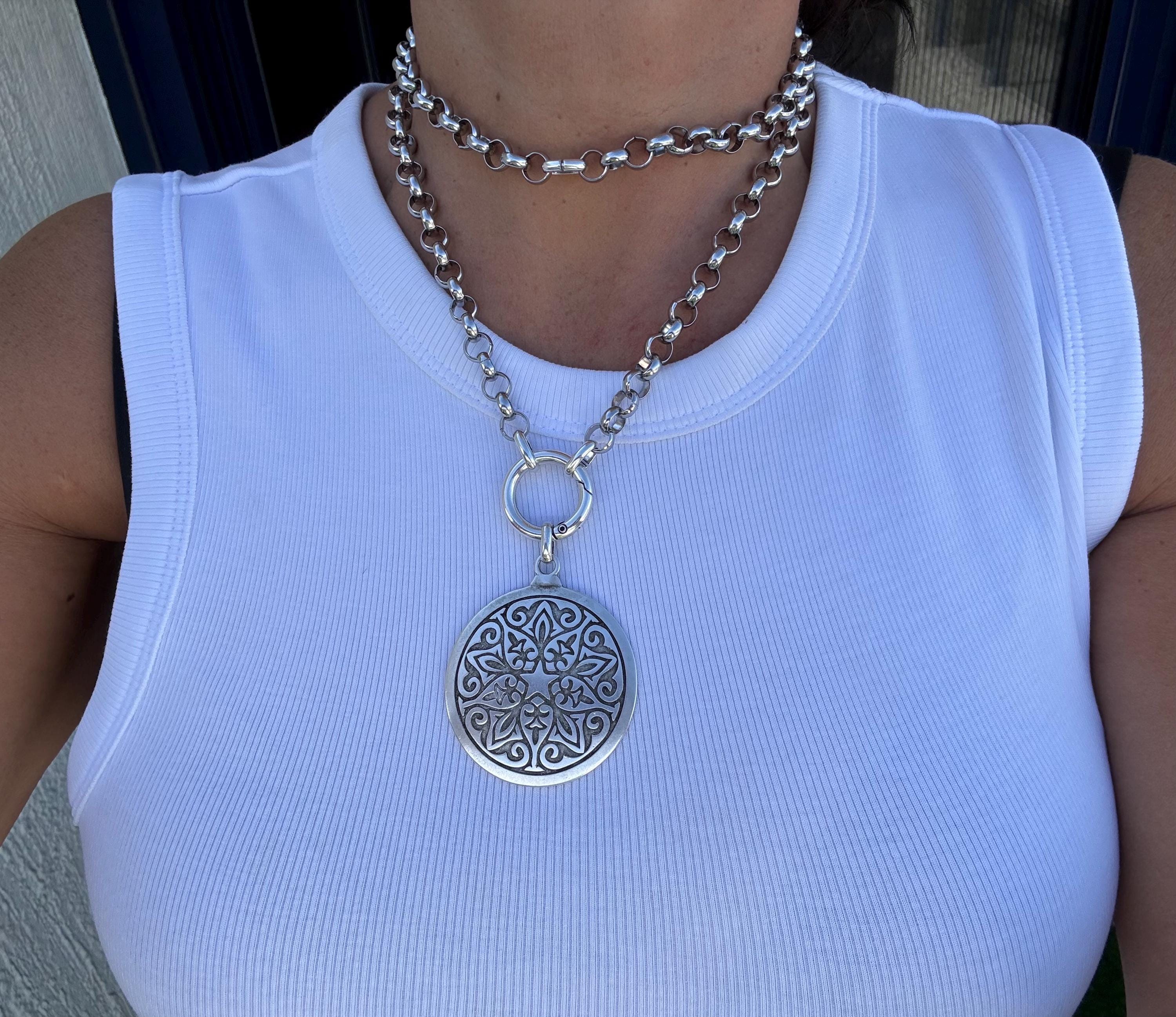 Versatile Multi-Position Mandala Pendant Necklace – Chunky Rolo Chain – Antique Silver Finish – Handmade Kukuri Jewelry