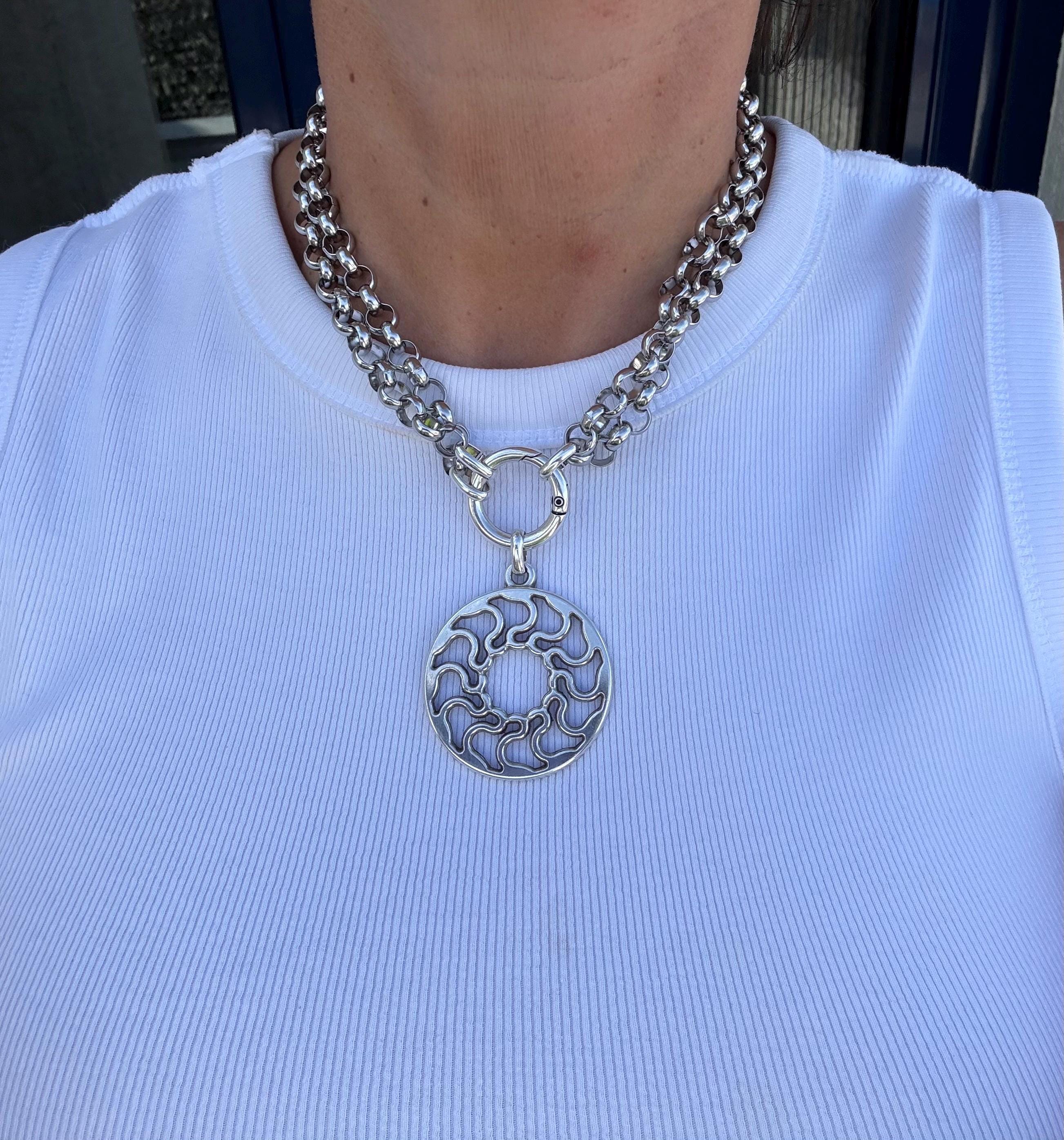 Versatile Multi-Position curved Mandala Pendant Necklace – Chunky Rolo Chain – Antique Silver Finish – Handmade Kukuri Jewelry