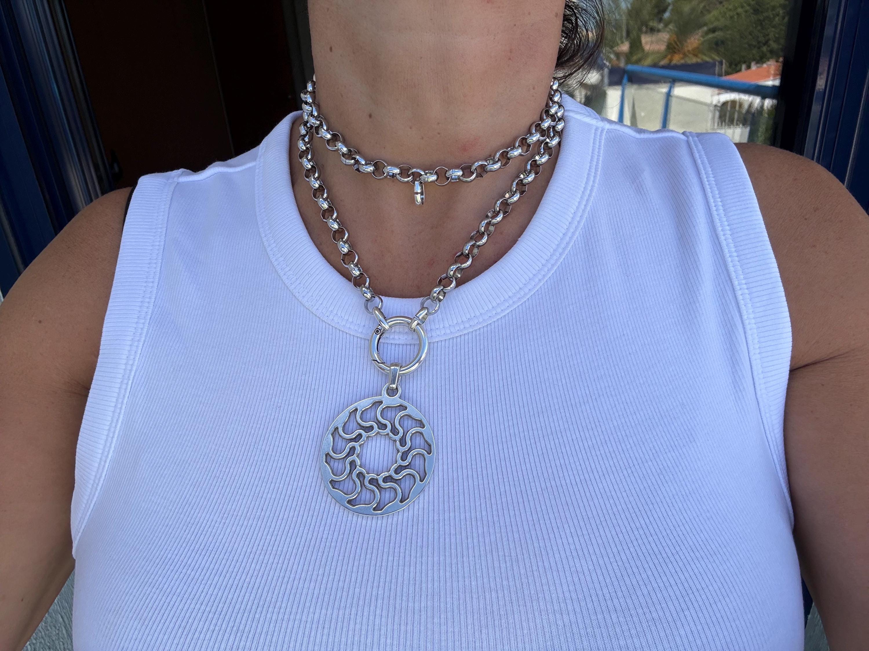 Versatile Multi-Position curved Mandala Pendant Necklace – Chunky Rolo Chain – Antique Silver Finish – Handmade Kukuri Jewelry