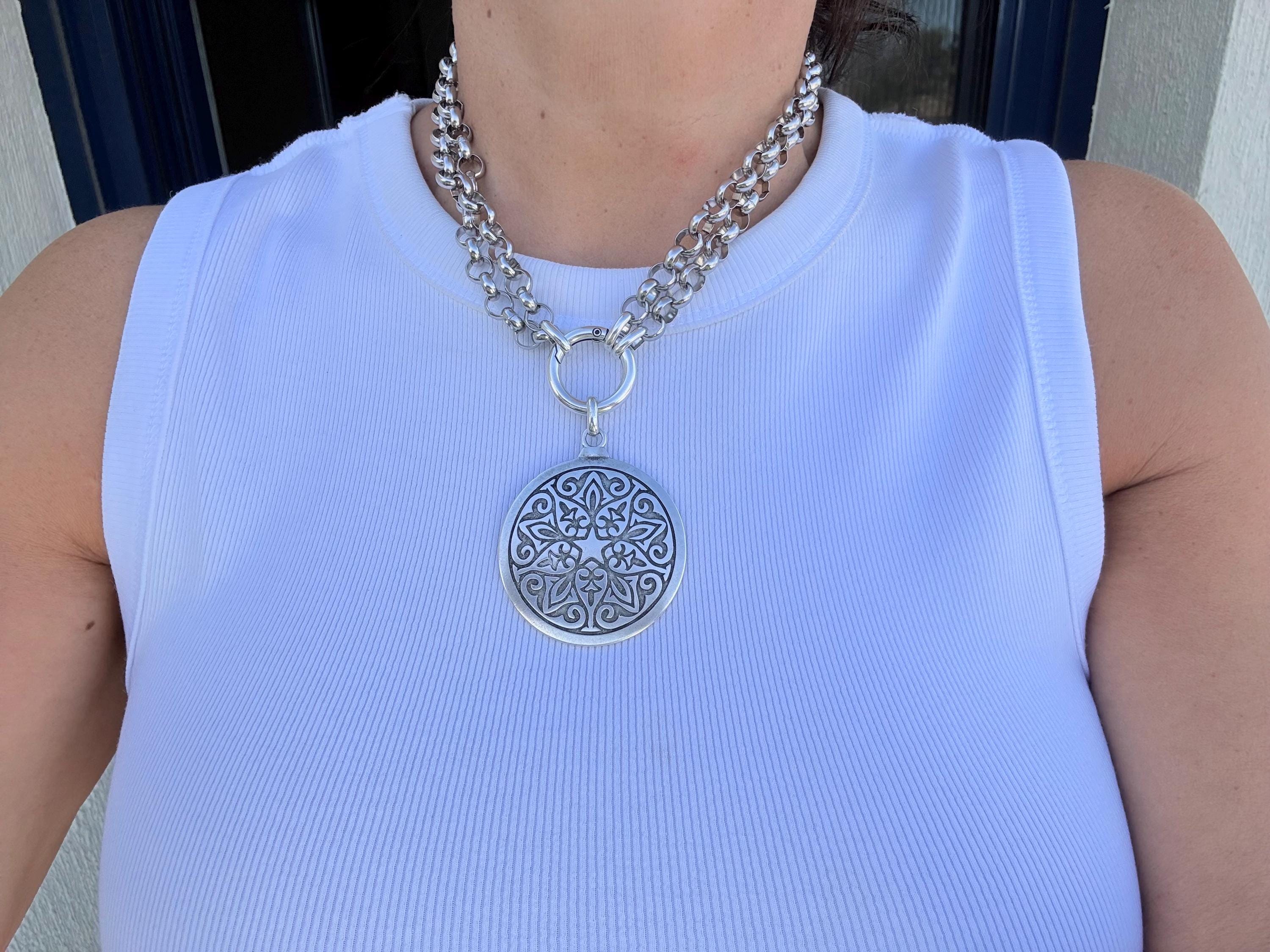 Versatile Multi-Position Mandala Pendant Necklace – Chunky Rolo Chain – Antique Silver Finish – Handmade Kukuri Jewelry